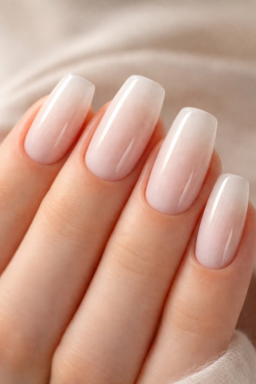 Milky white semi-sheer squoval nails with subtle translucence on hand