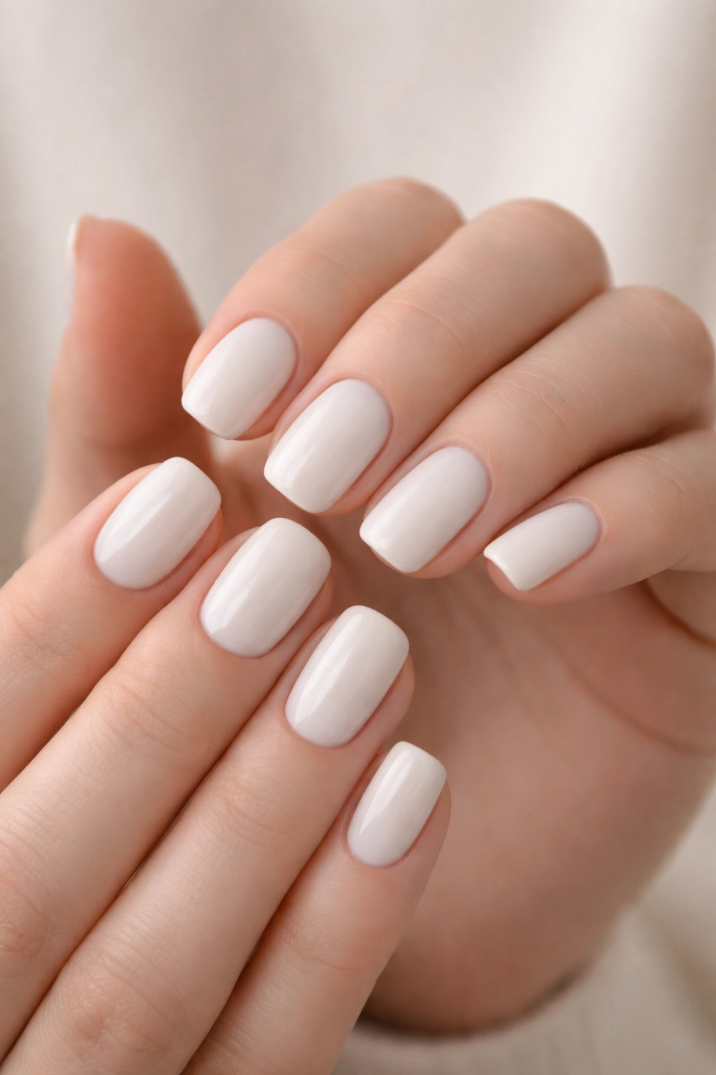 Close-up of hands with milky white squoval nails on a neutral background