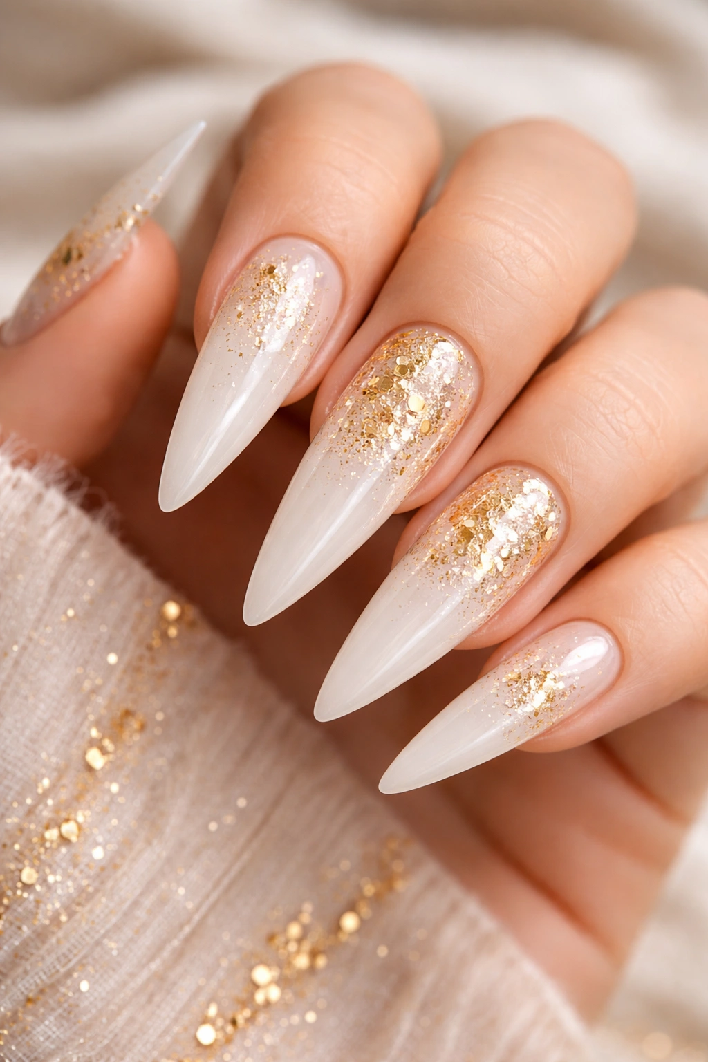 Close-up of milky white stiletto nails with gold foil flakes and glitter on a neutral background