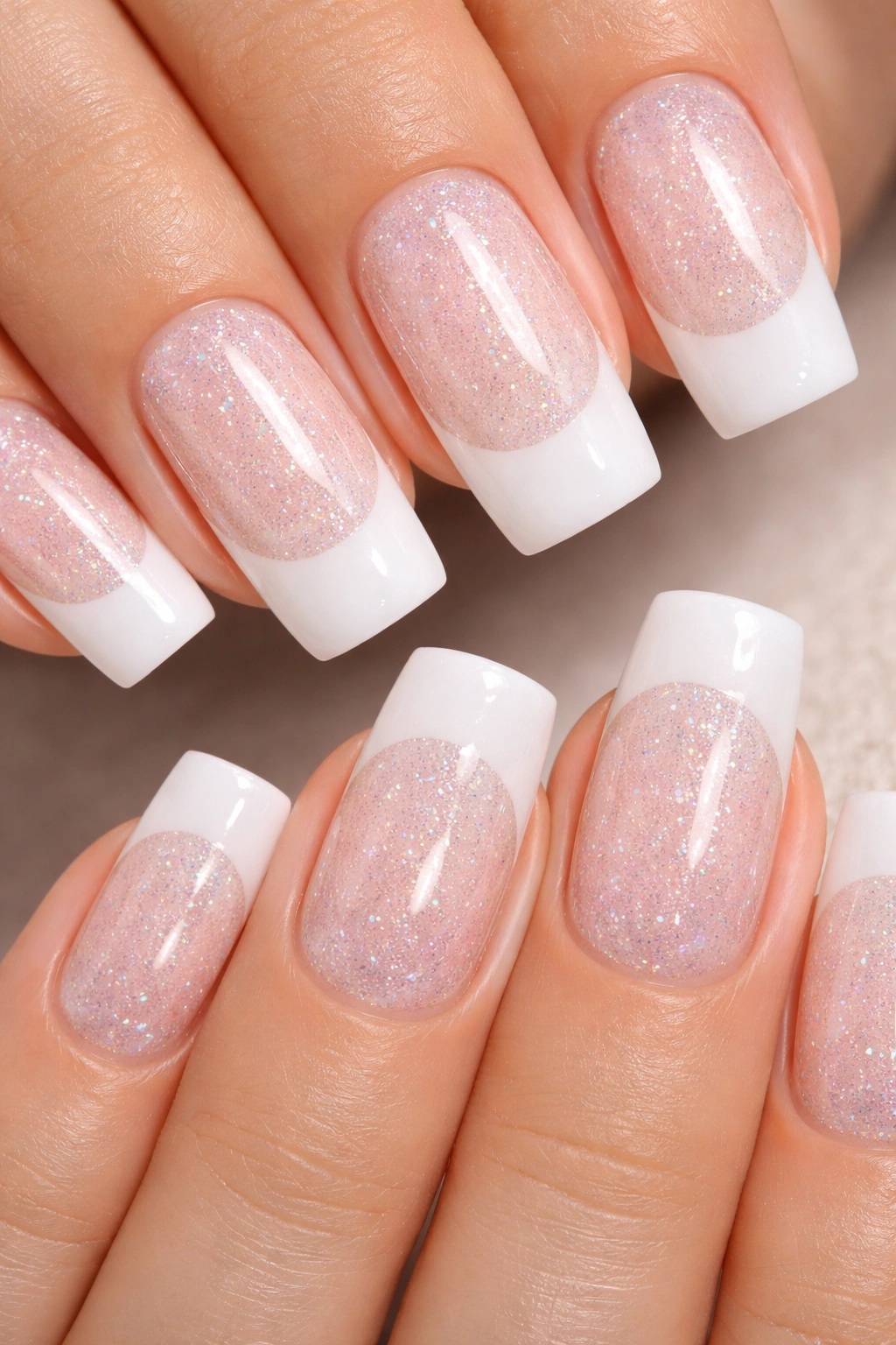 Milky white tips with a sparkling base on soft square nails.