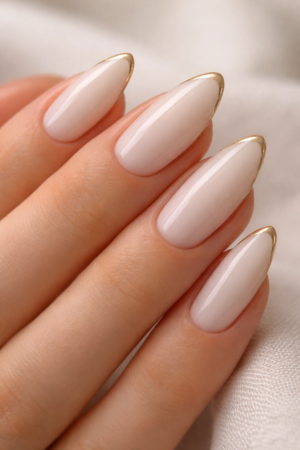 Almond nails milky white base with fine gold micro tips