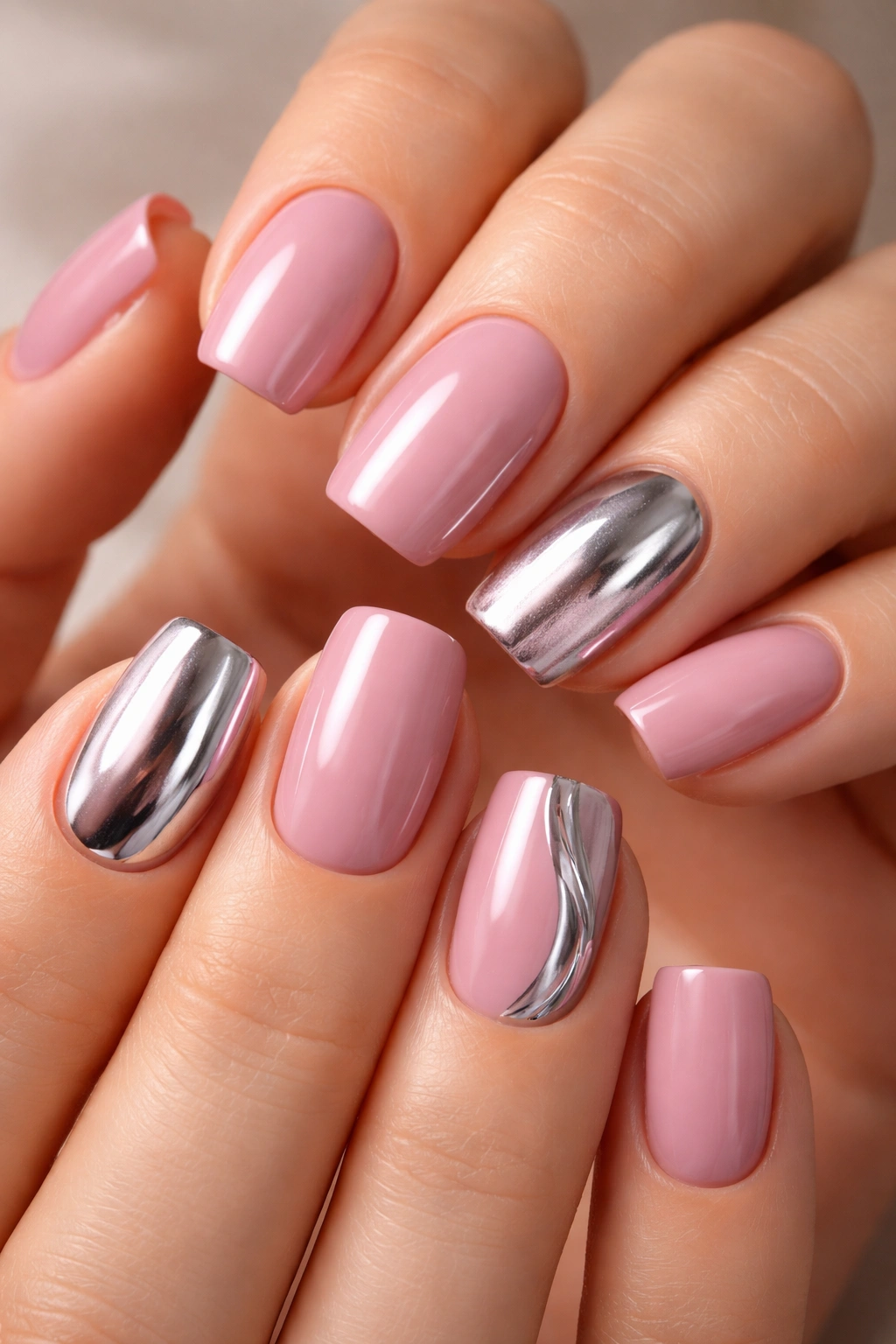 Close-up of millennial pink nails with chrome accents on selected nails