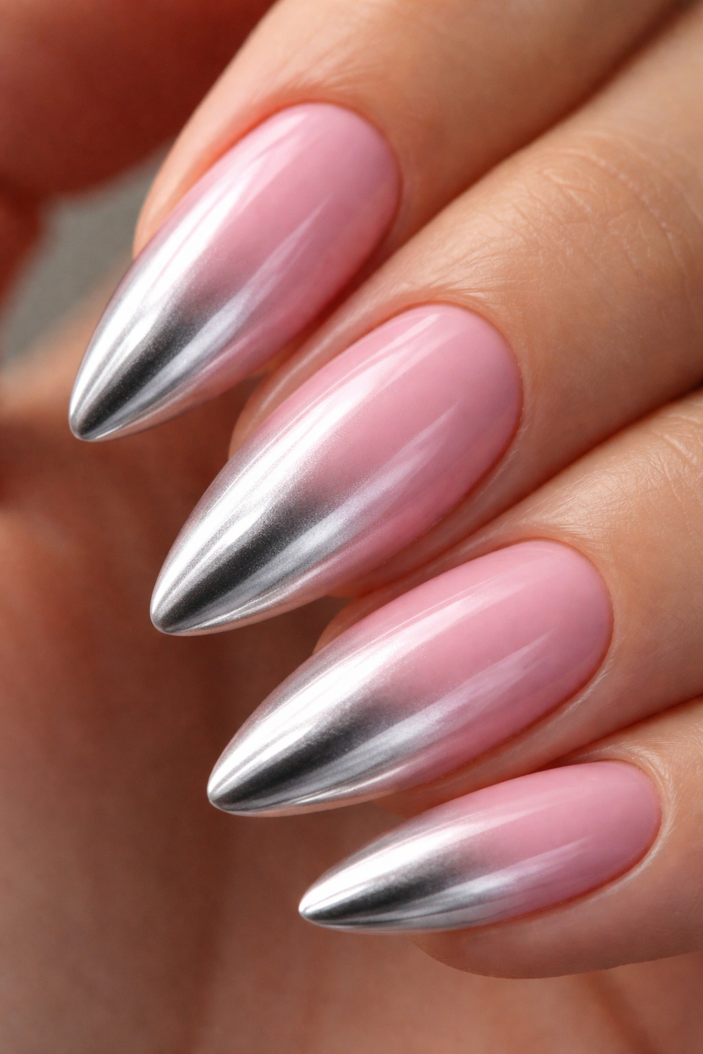 Almond nail gradient from millennial pink to chrome silver