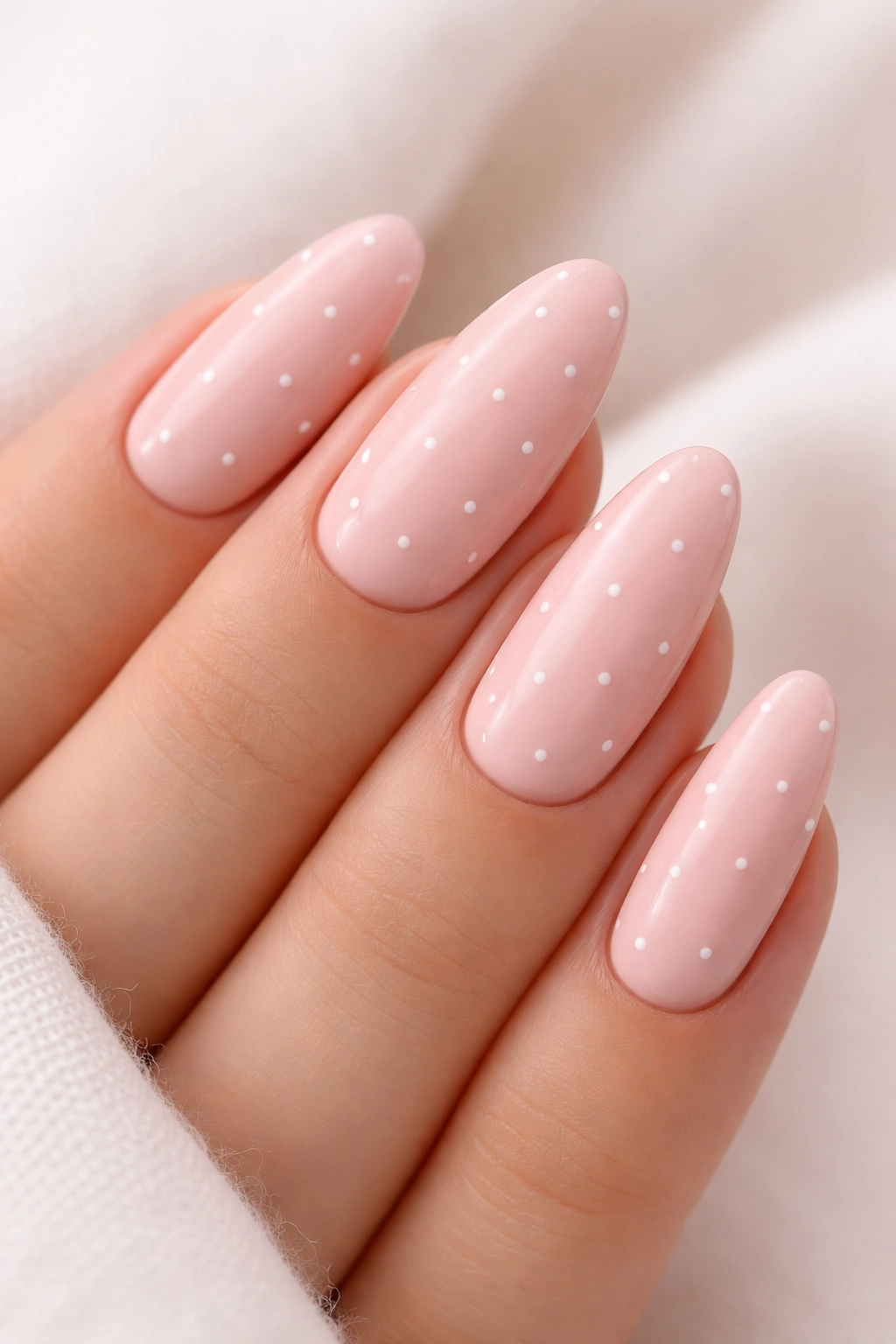 Close-up of long oval nails in millennial pink with tiny white dots
