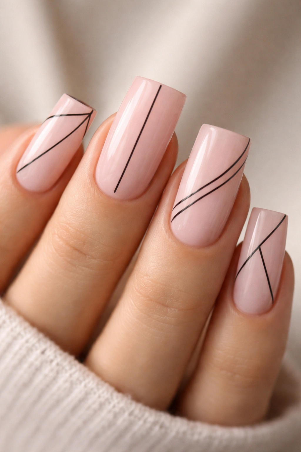Millennial pink duck nails with black line details on a neutral background