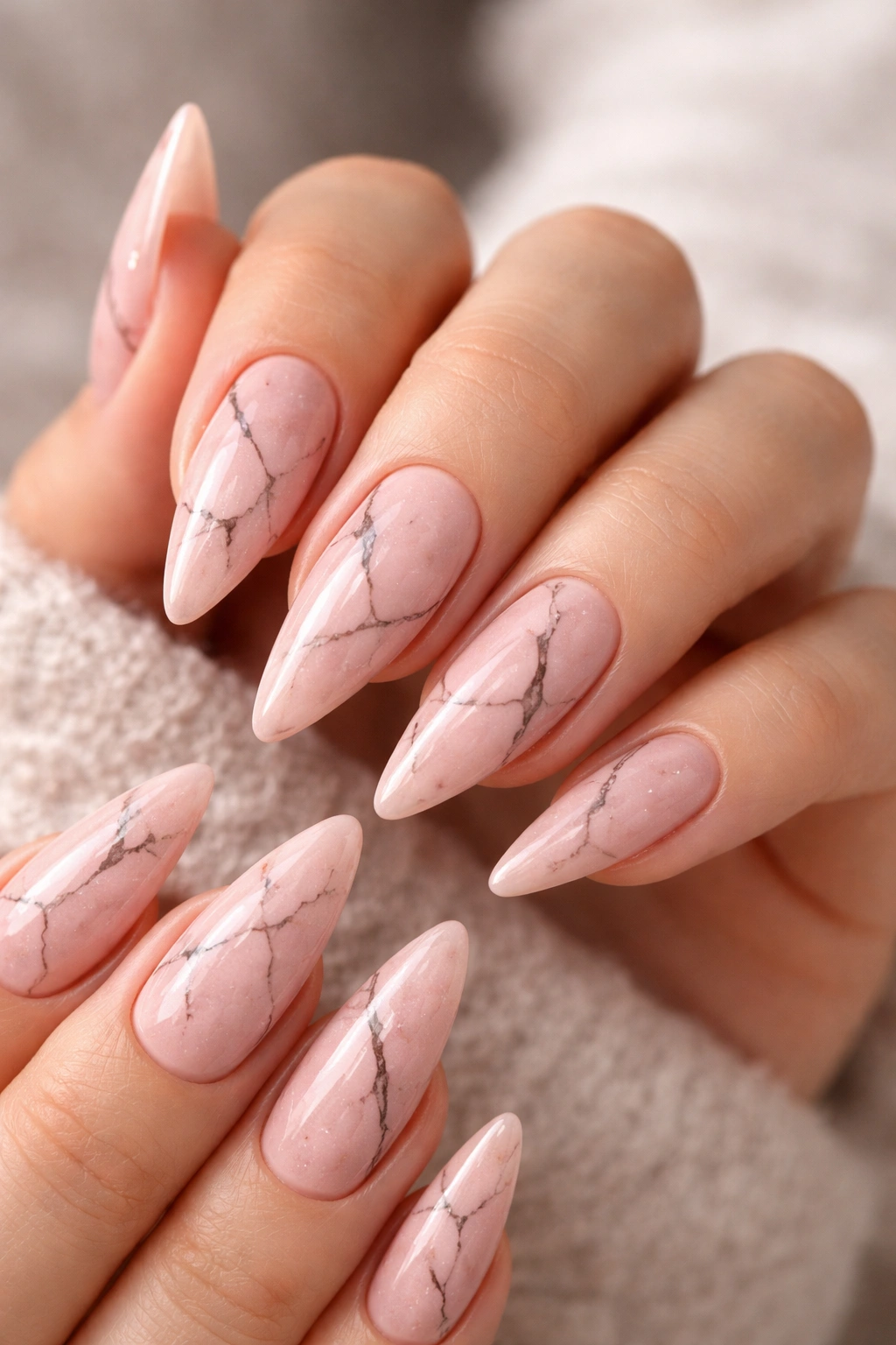 Millennial pink marble stiletto nails with black veins on medium-length nails