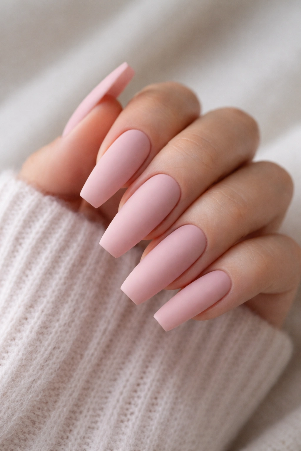 Close-up of coffin nails in soft millennial pink with a matte velvet finish