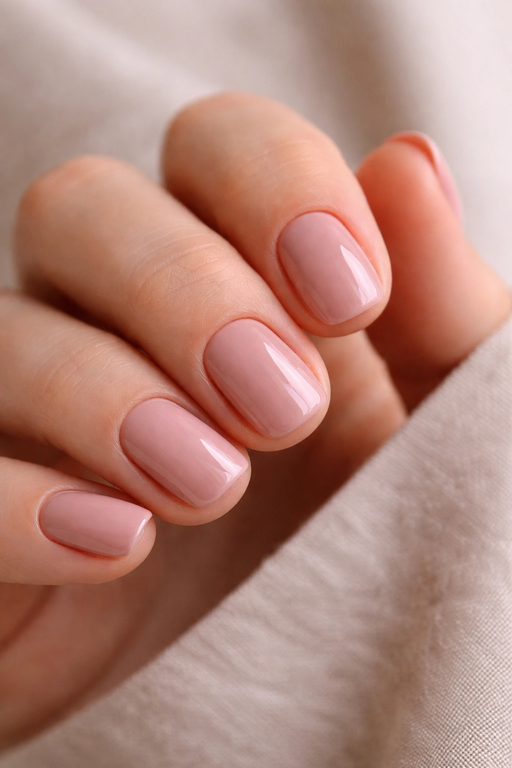 Close-up of short squoval nails in dusty rose millennial pink with gentle shine