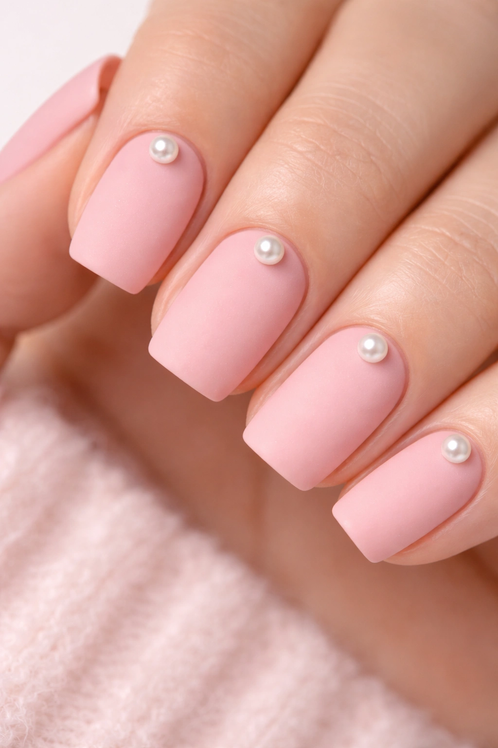 Millennial pink matte nails with centered pearl beads