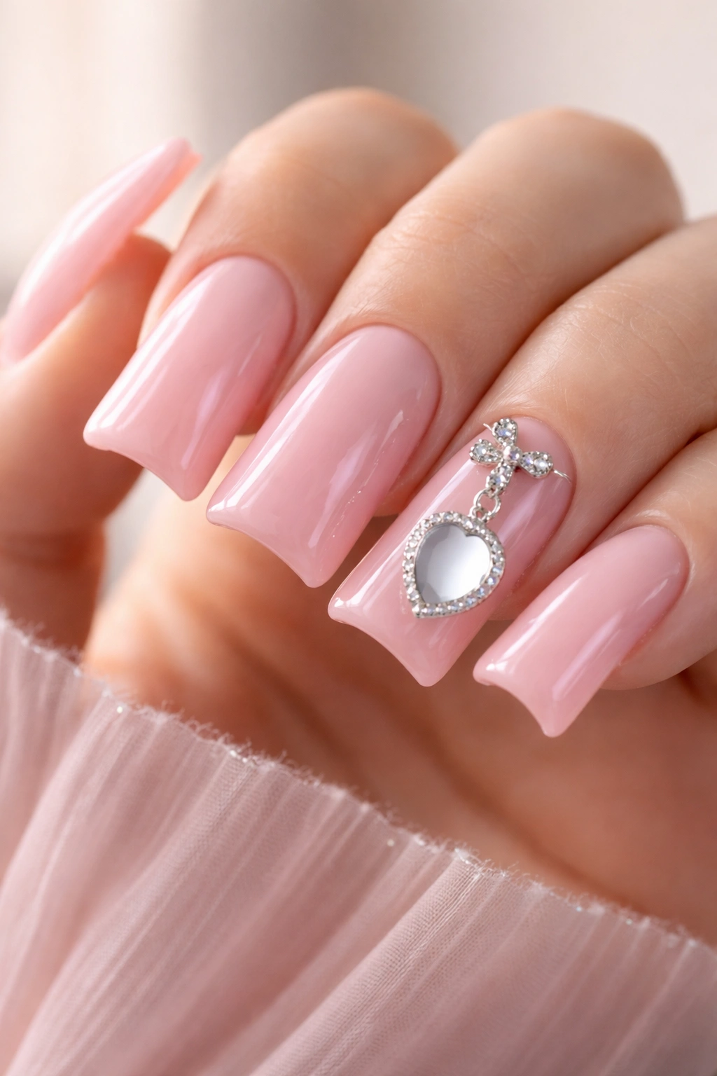 Close-up of millennial pink duck nails with a tiny mirror charm on one nail