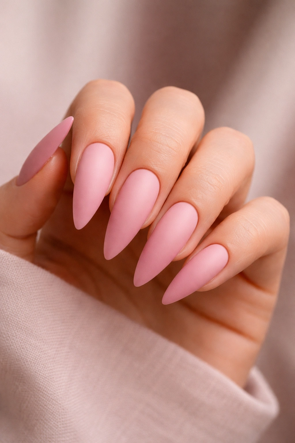 Stiletto nails in millennial pink ombre with a matte finish on a neutral background