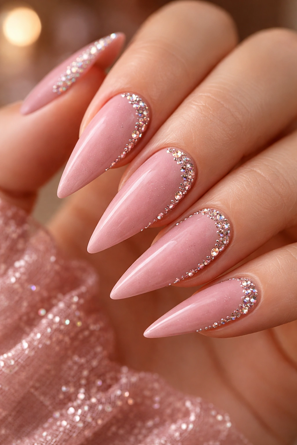 Millennial pink nails with micro rhinestones on stiletto shape