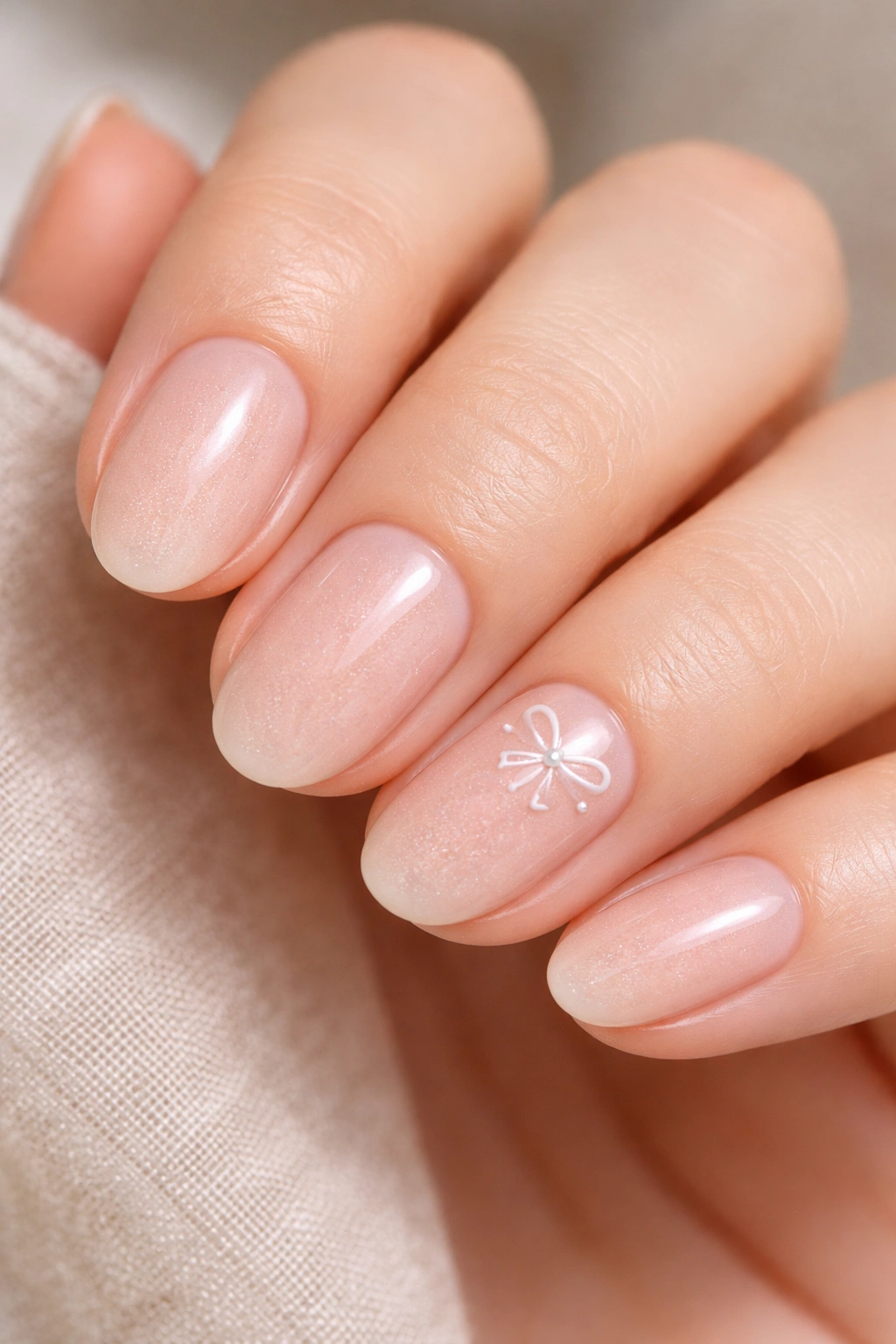 Close-up of short oval nails with a tiny bow accent