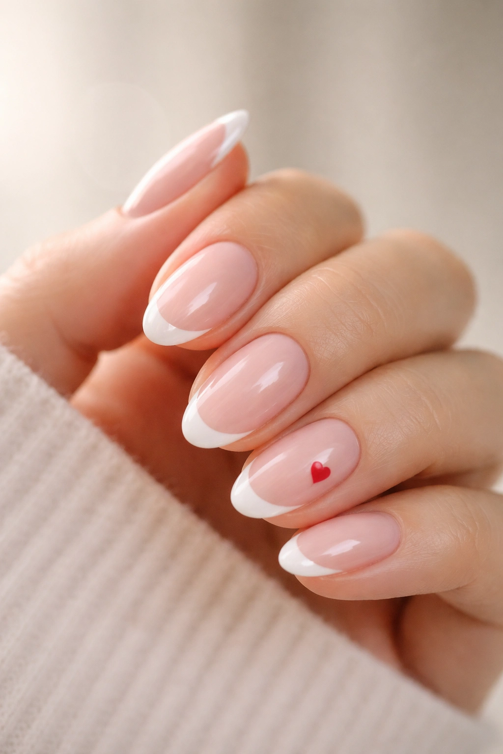Close-up of an extra-short almond nail with a tiny heart accent on the French tip