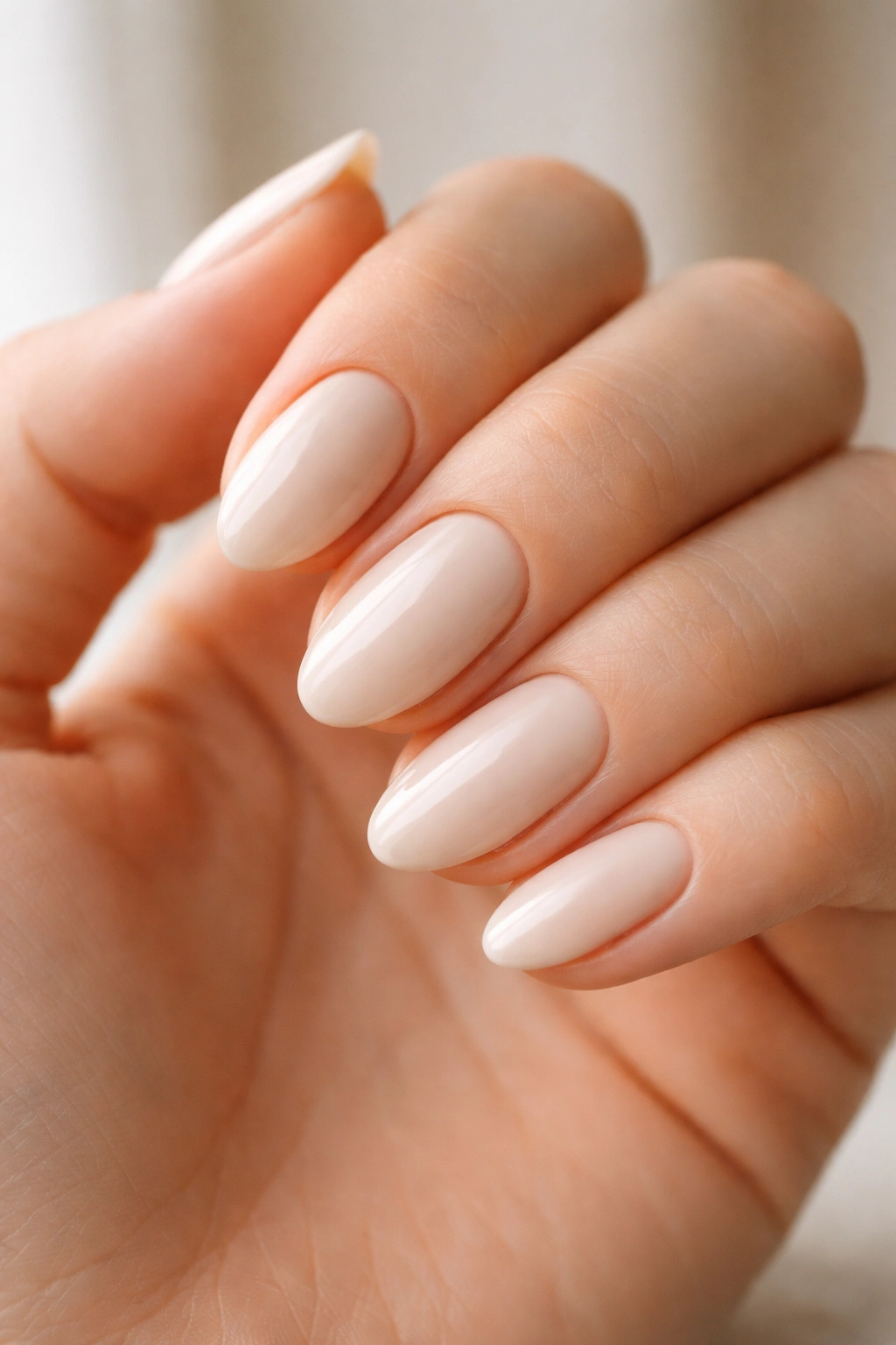 Close-up of clean cream almond nails with no art