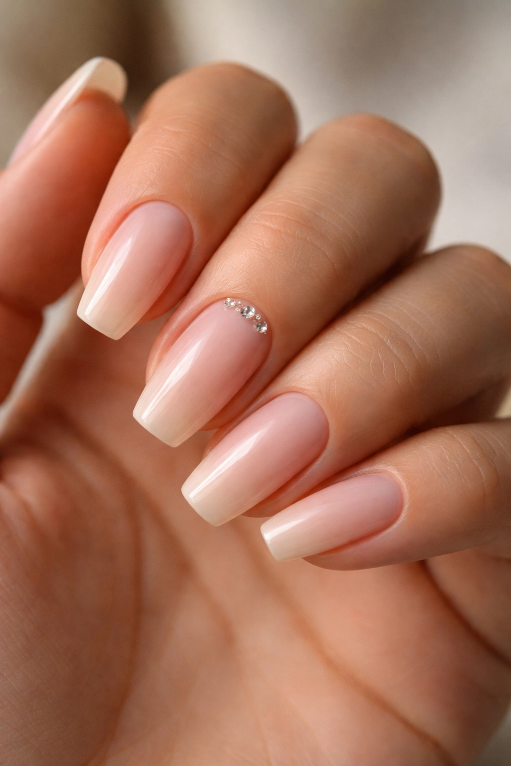 Close-up of minimal crystal cuticle nails with small crystal cluster near cuticle
