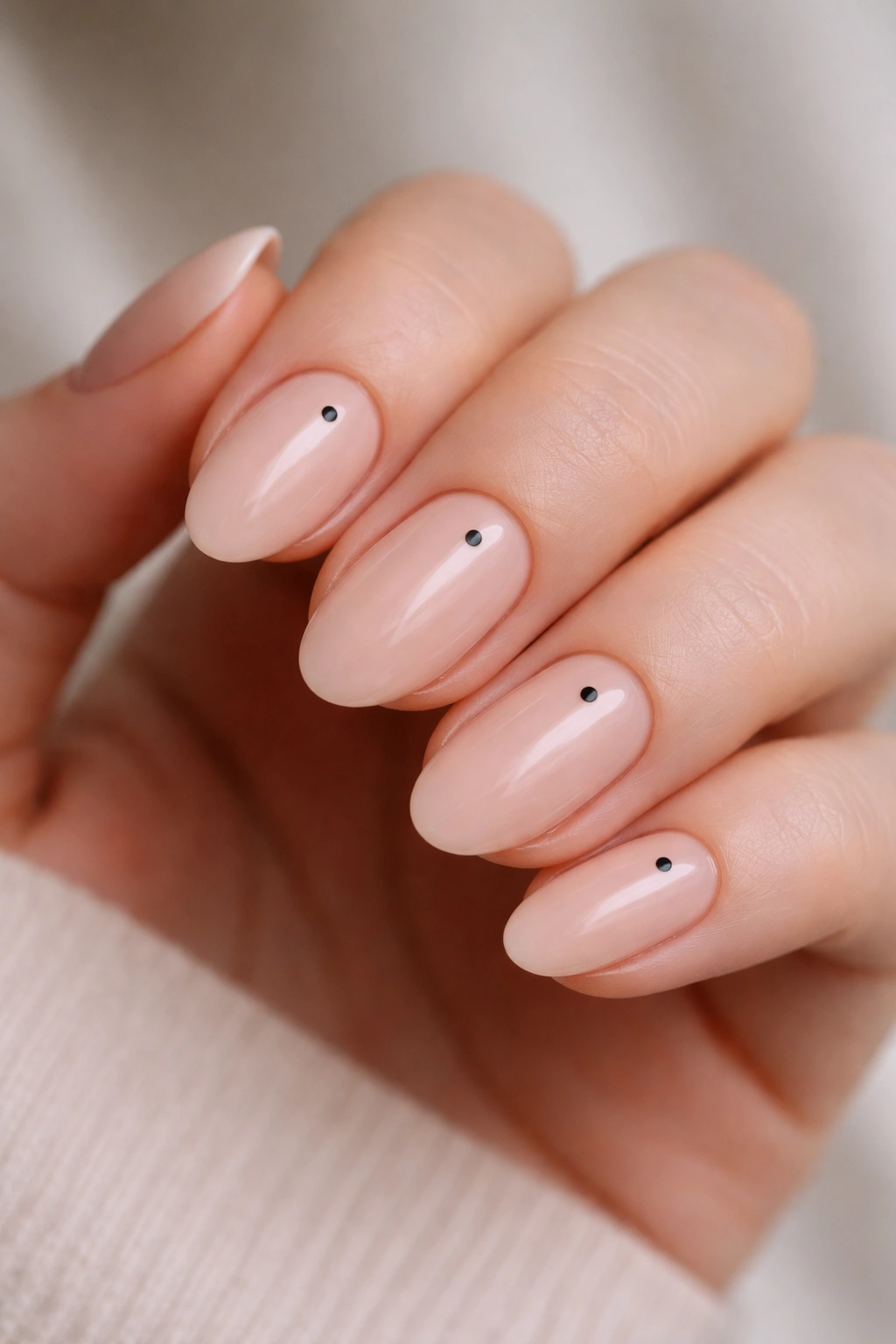 Close-up of short almond nails with a single centered dot on nude beige polish.