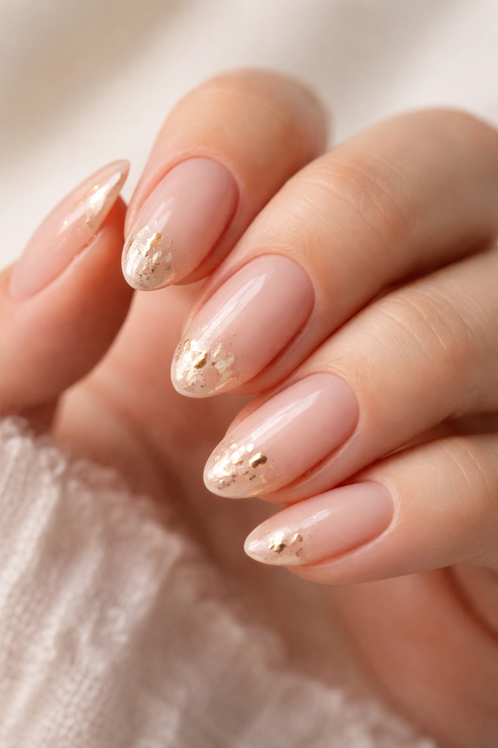 Close-up of minimal gold foil accents on short almond nails