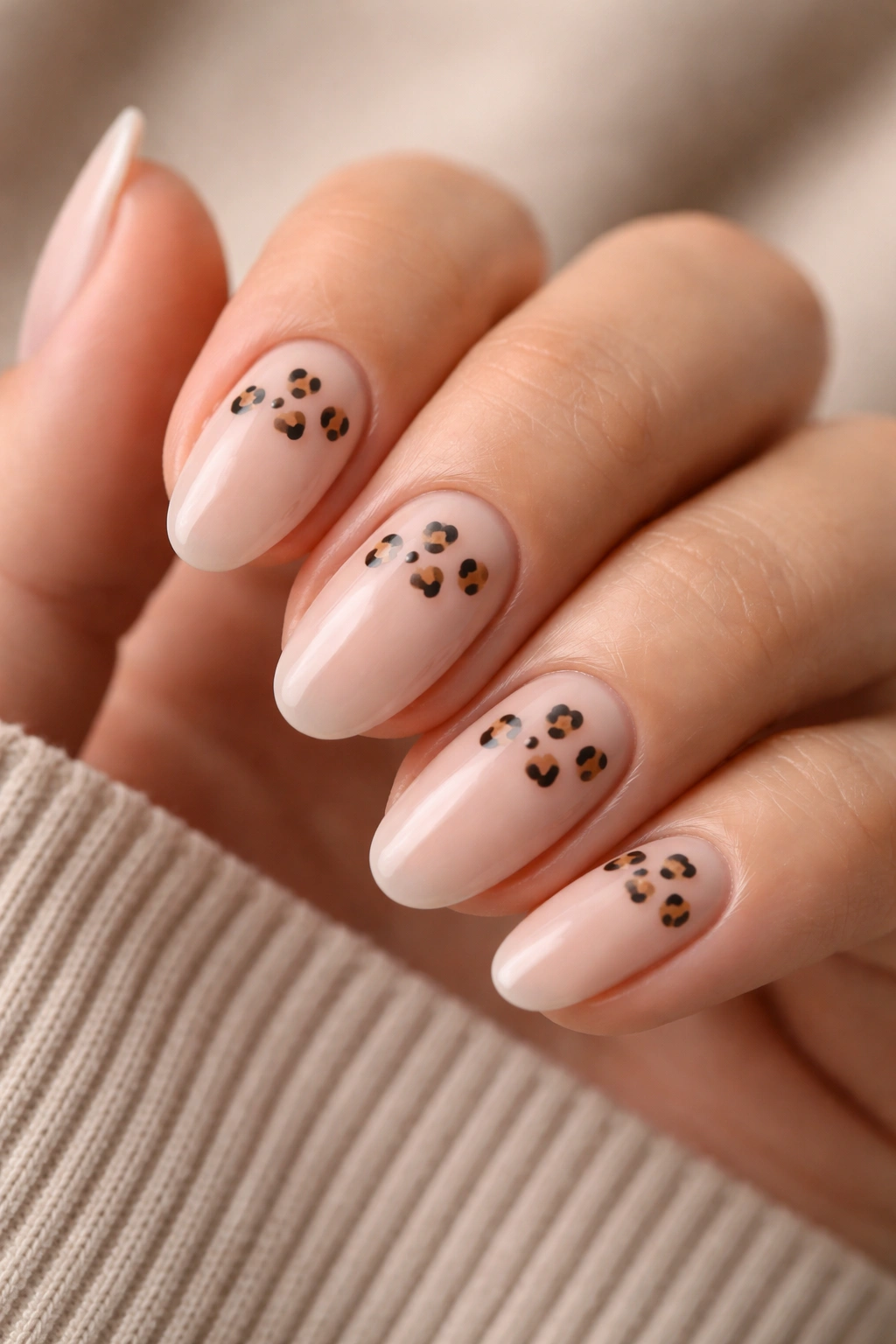 Close-up of short almond nails with tiny leopard dots