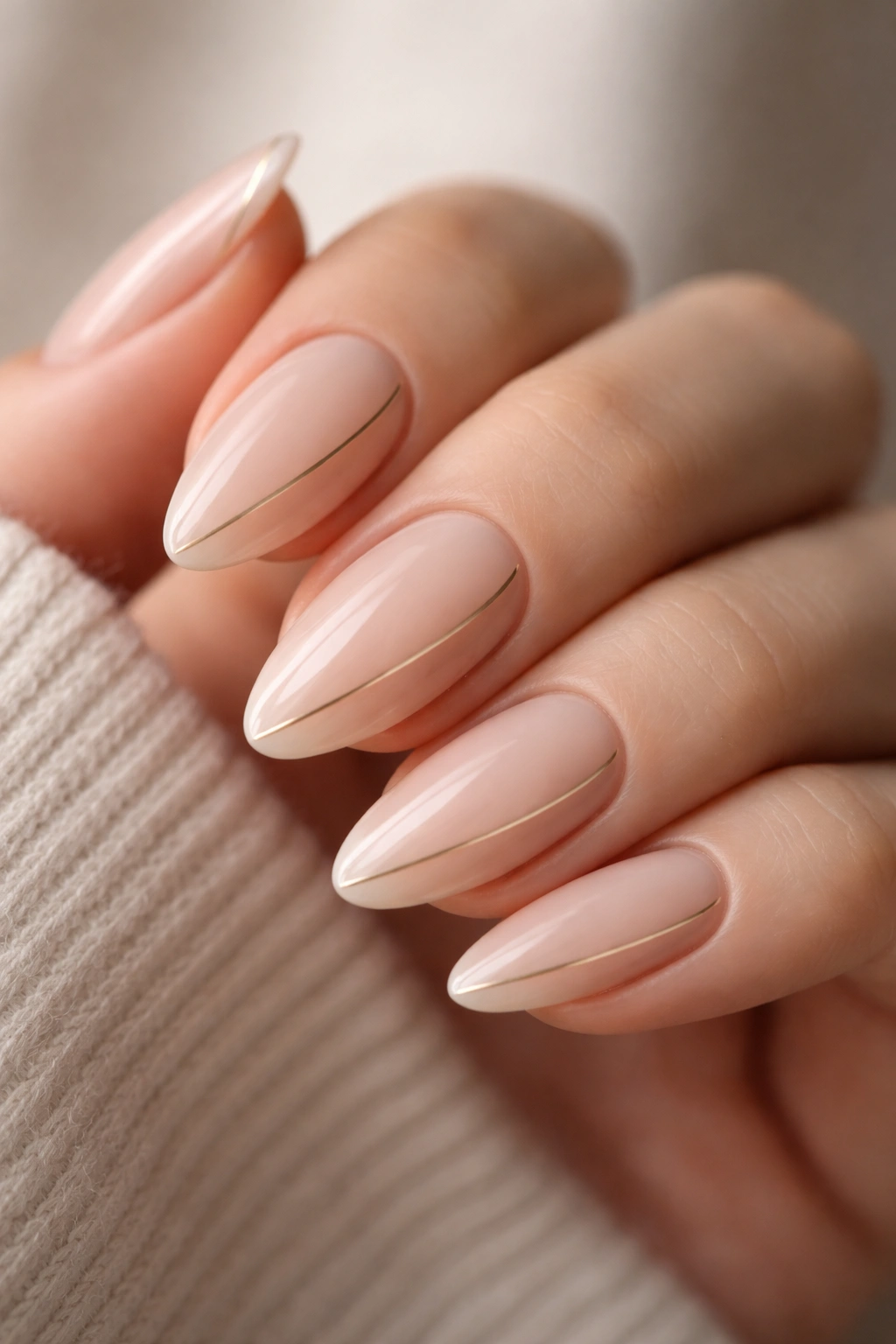 Nude almond-shaped nails with a fine line accent
