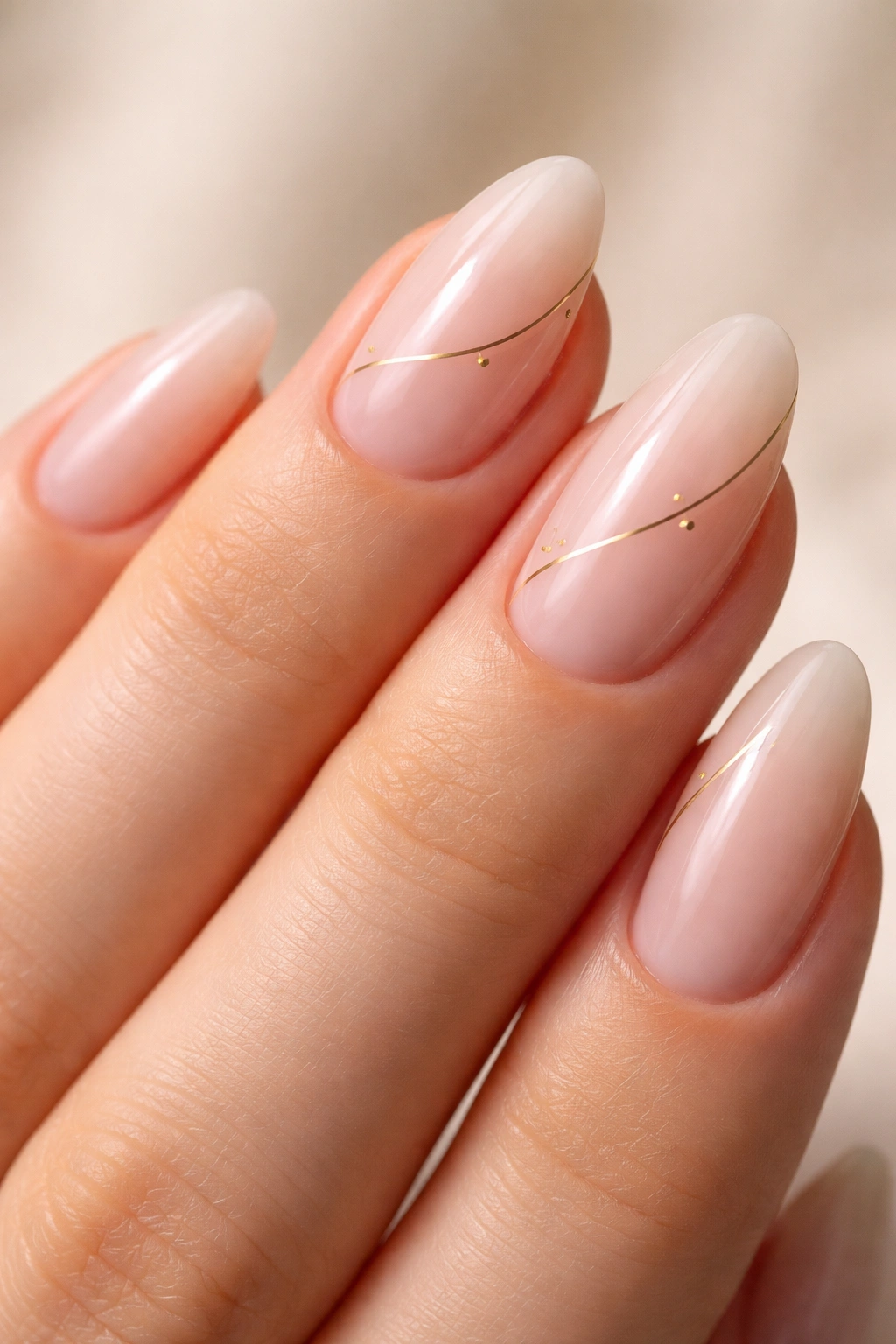 Close-up of almond nails with minimal line art on a sheer neutral base.