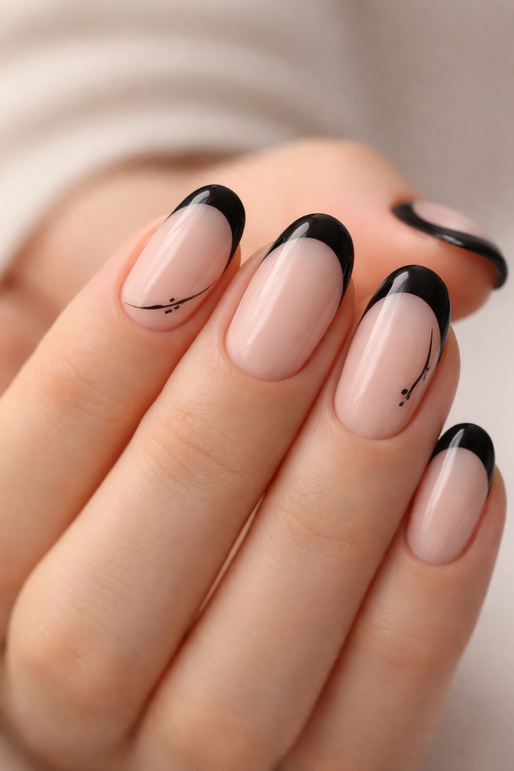 Close-up of short oval nails with black tips and a minimal line art detail