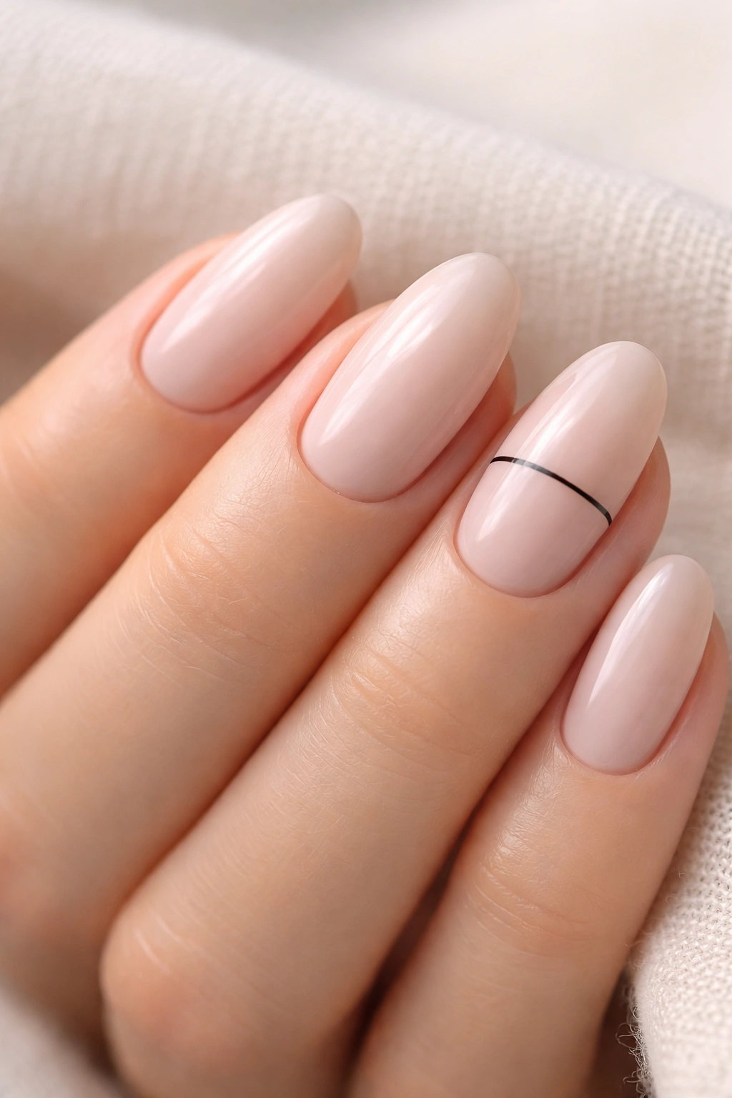 Close-up of short almond nails with a single ultra-thin black line on a pale nude base
