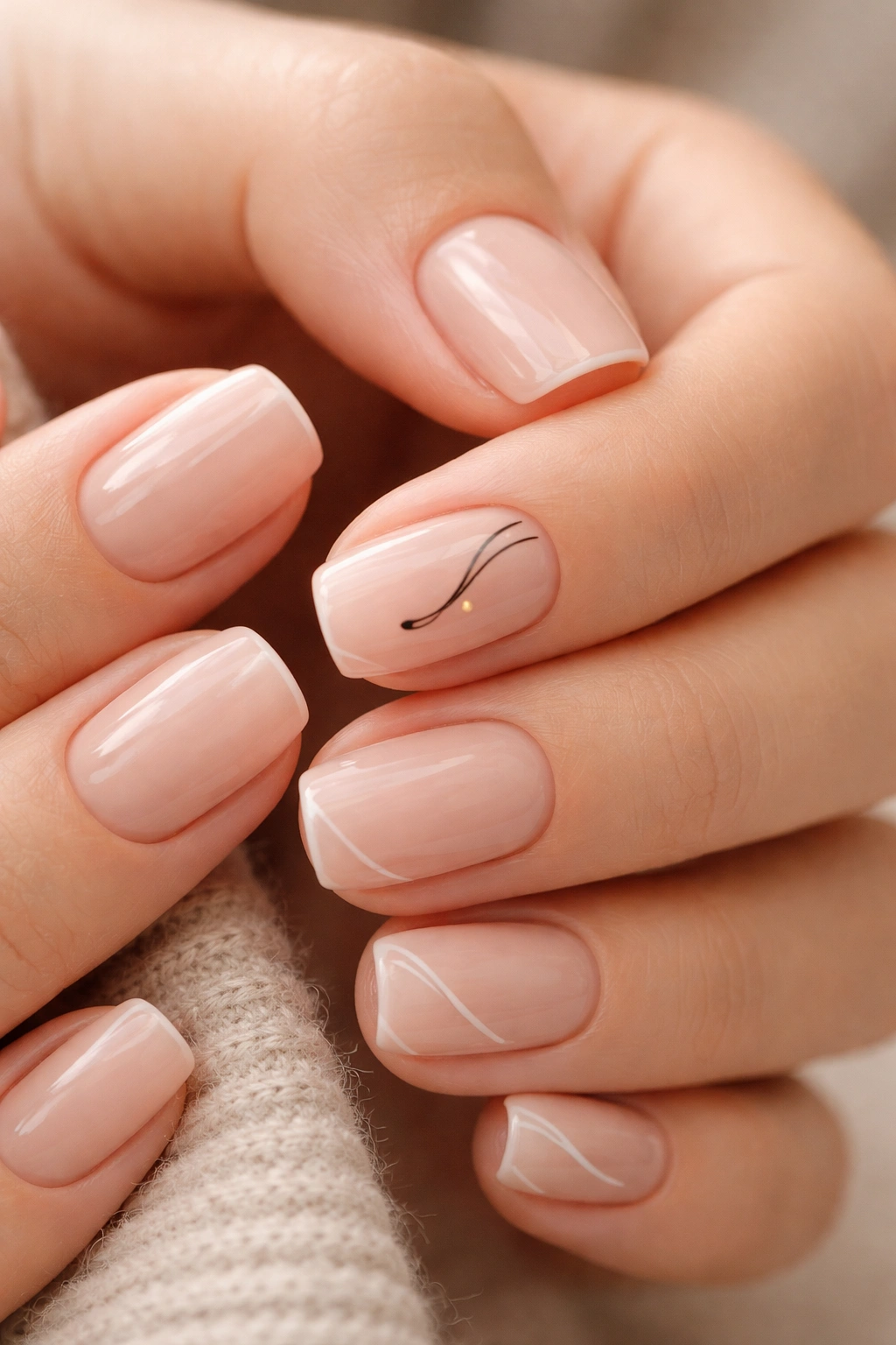 Close-up of minimal line art on nude-based square-oval nails