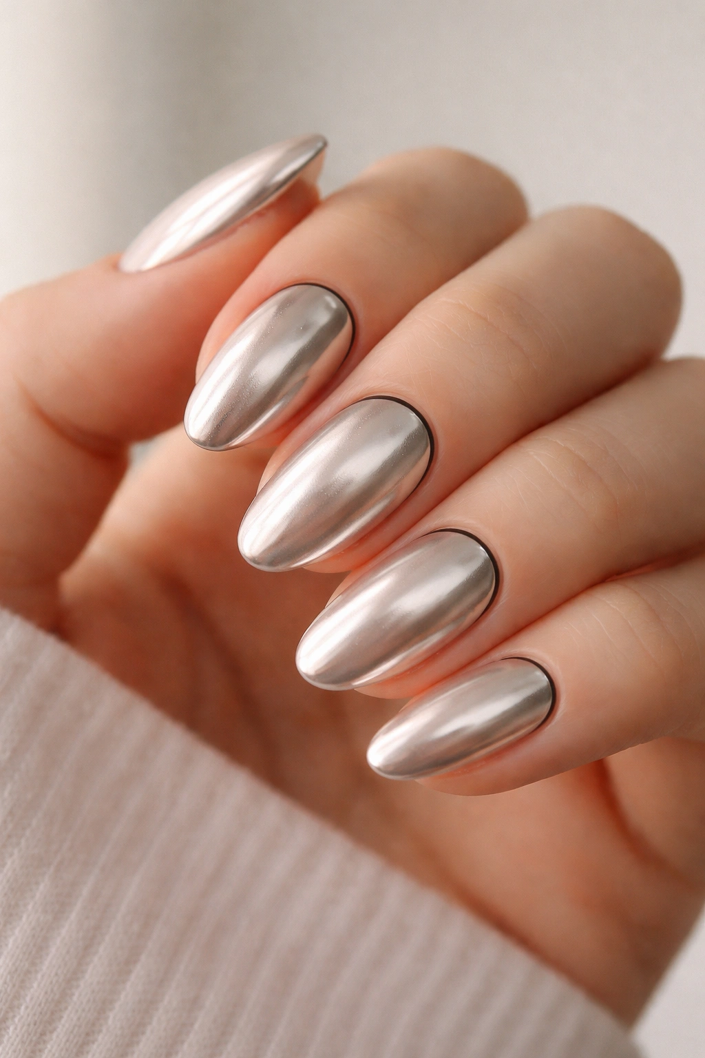 Close-up of chrome almond nails with a minimal black line