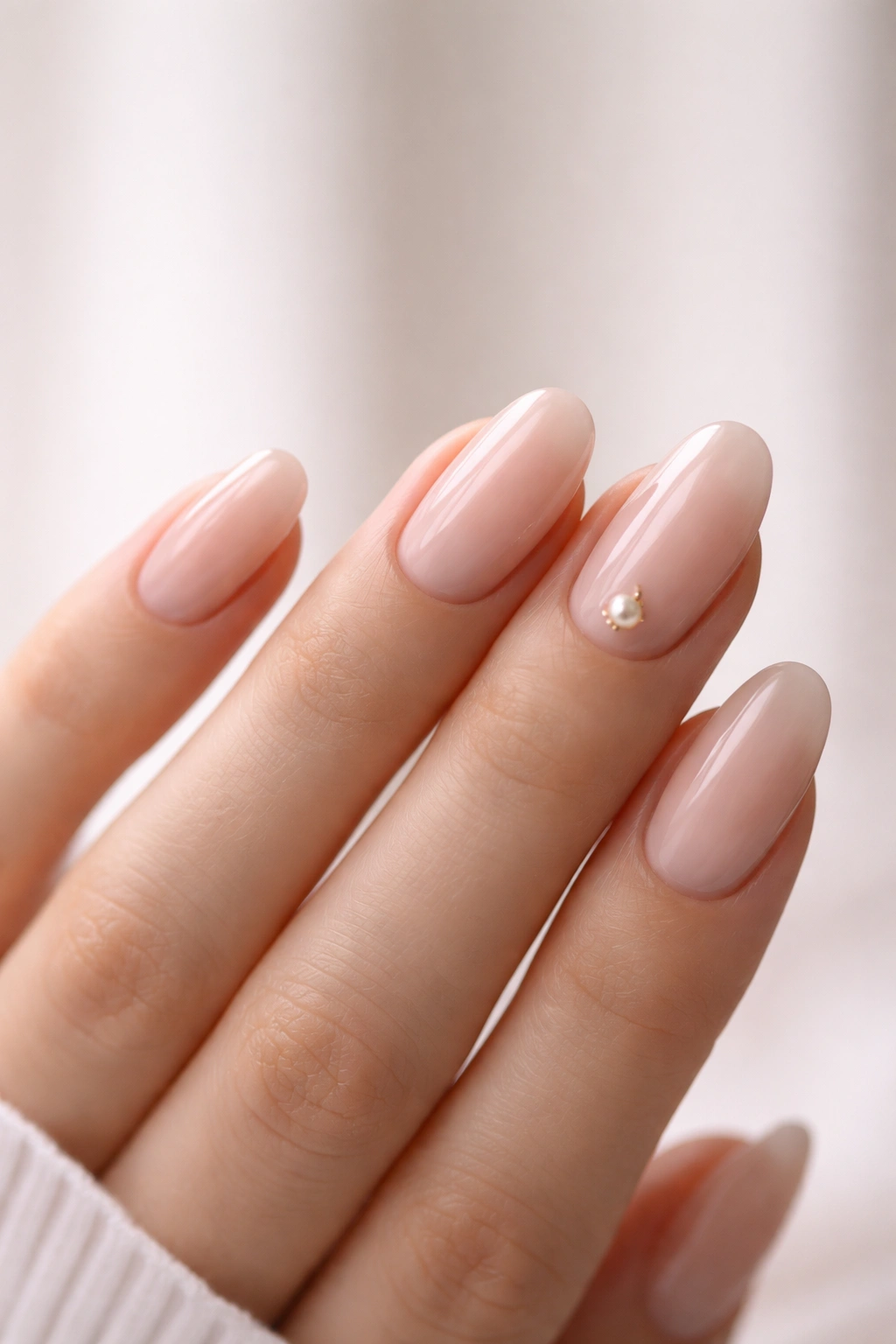 Minimalist nail with a single pearl charm on the ring finger