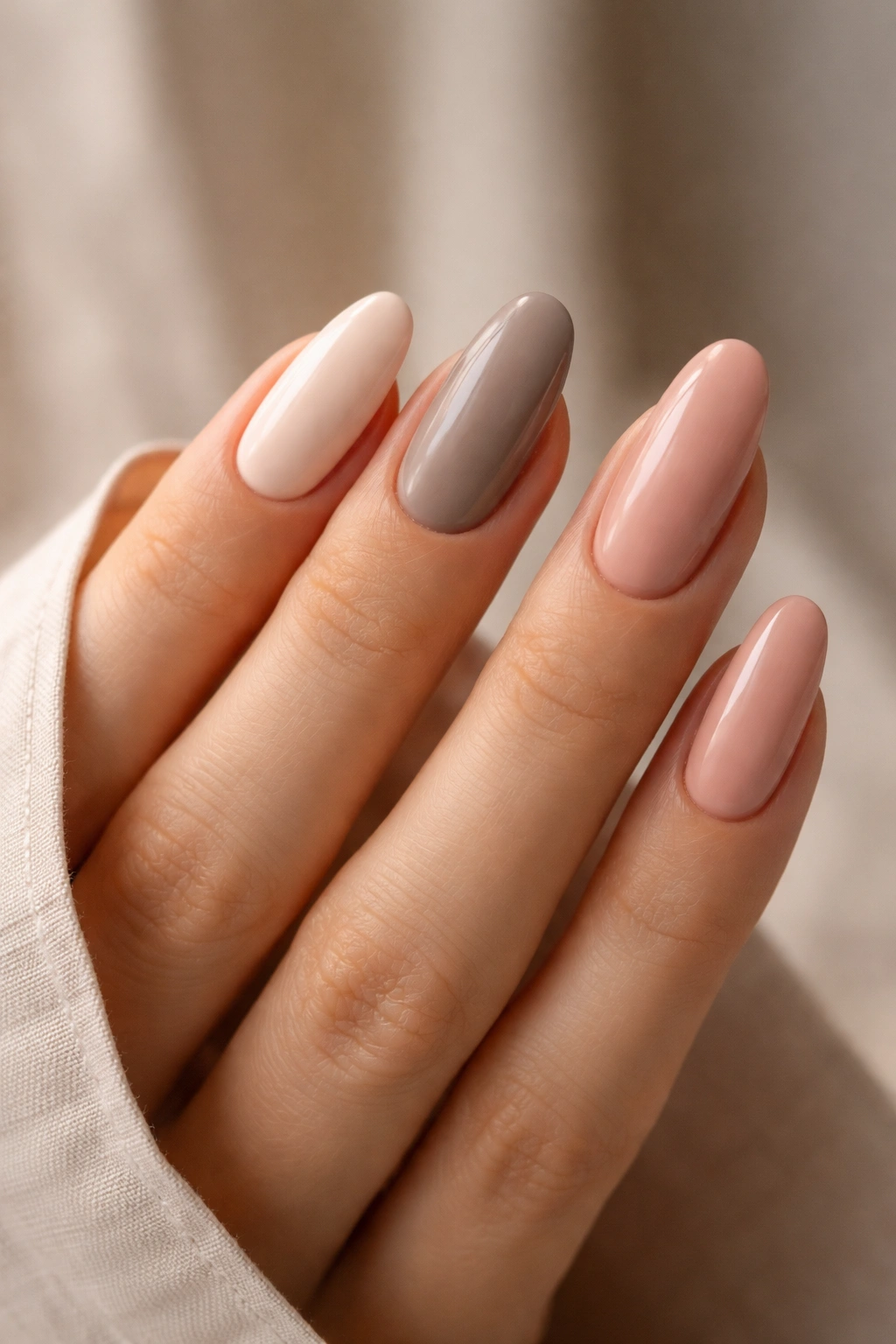 Hand with long oval nails in three minimalist shades showing color choices