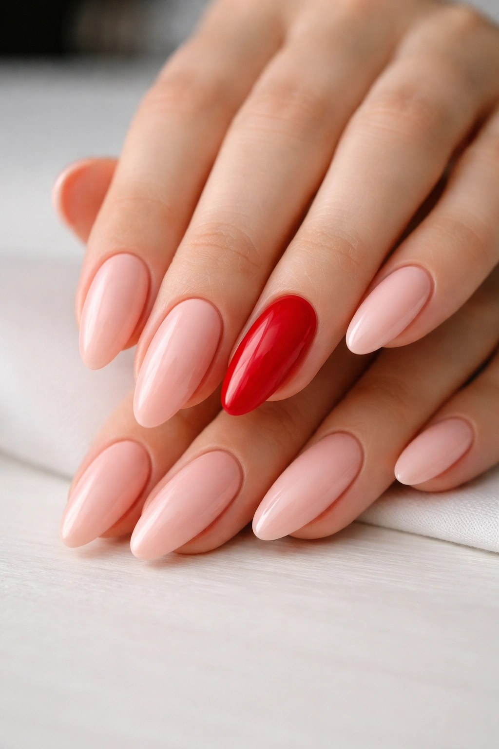 Almond nails mostly pink with one bold red accent nail
