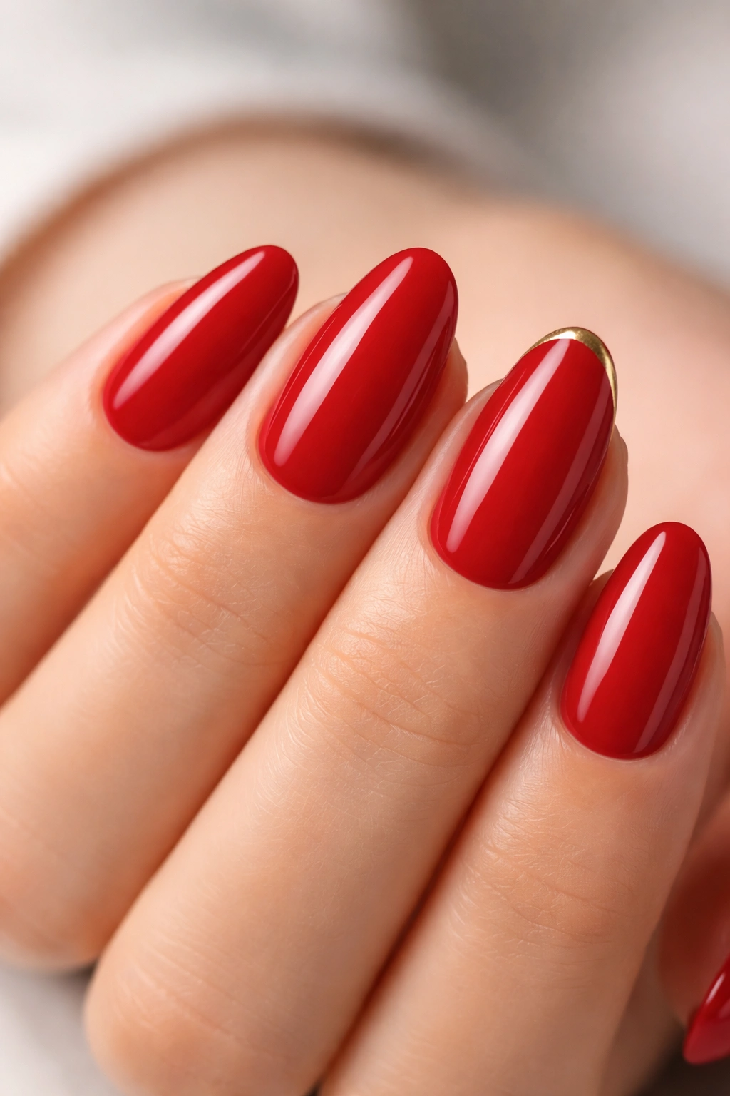 Close-up of short almond nails with red base and ultra-thin gold micro-French tip.