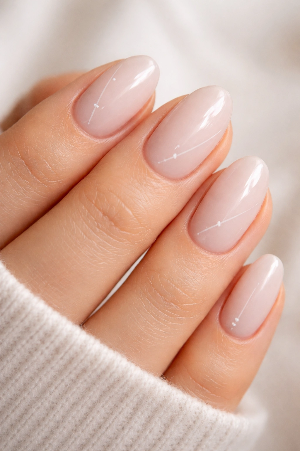 Close-up of short almond nails with minimal white micro-detail