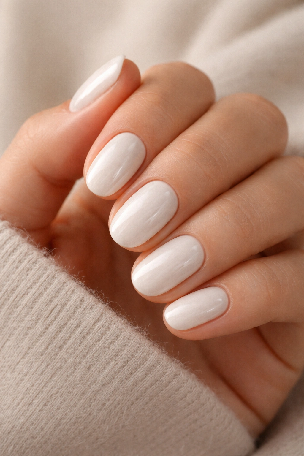 Close-up of minimal white short oval builder gel nails with creamy undertone and glossy finish