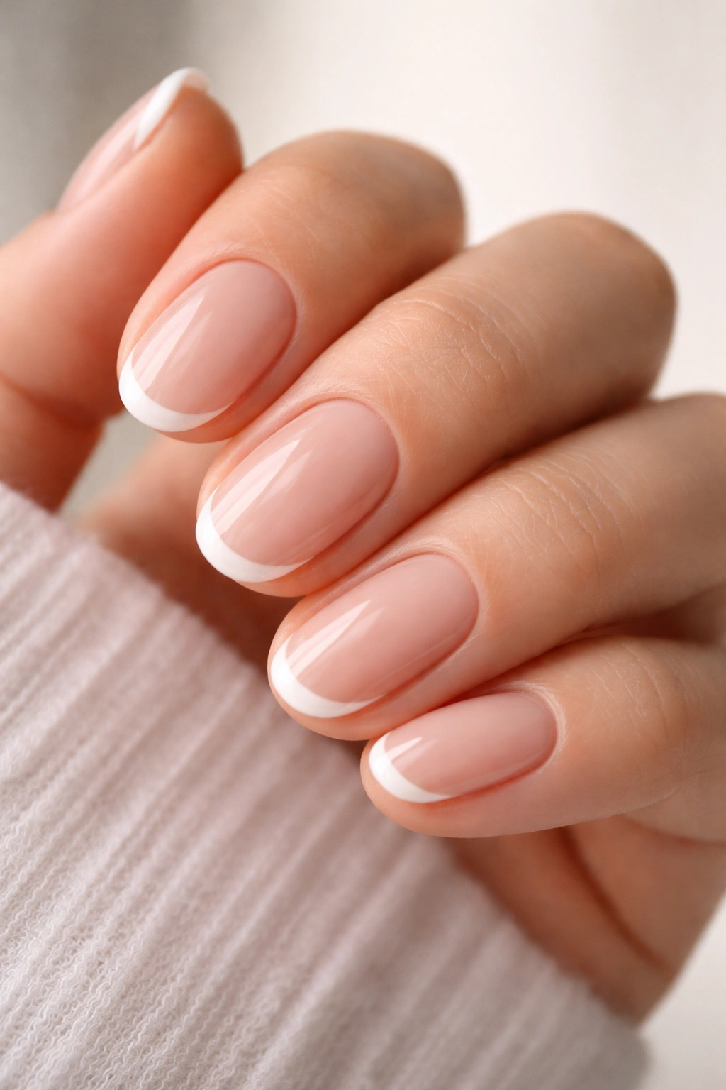 Close-up of minimal white tips on short oval nails with high-gloss finish