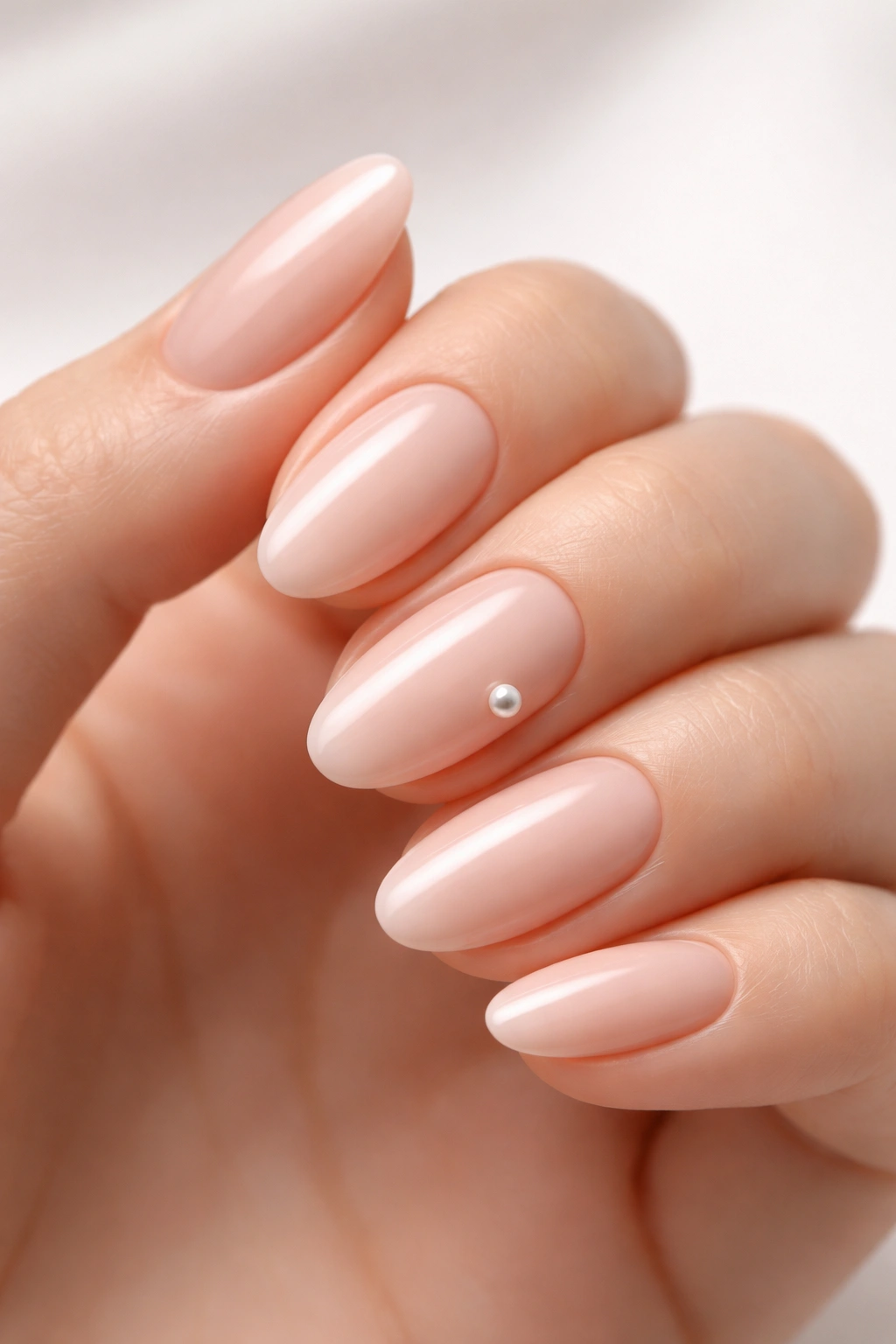 Close-up of nude nails with a single tiny 3D accent on one nail