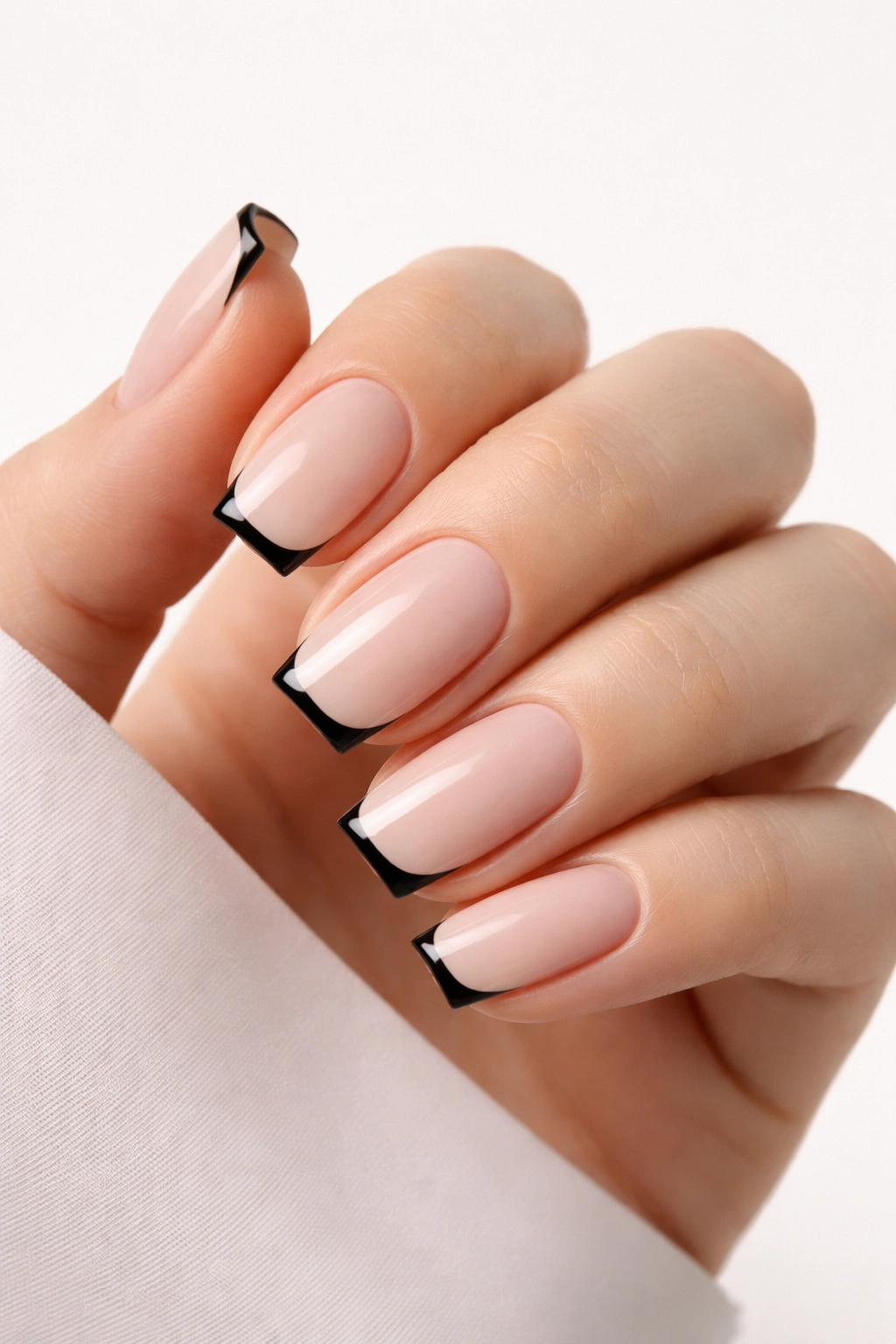 Close-up of soft square nails with a thin black line on the French tips.