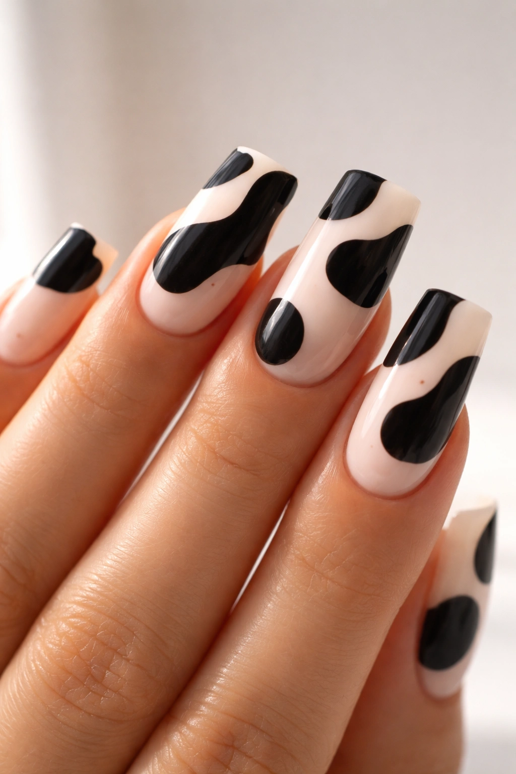Nails with minimalist cow print featuring large spots