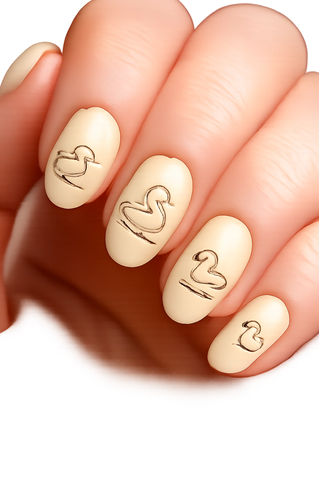 Nails with minimalist black line-drawn ducks on yellow base