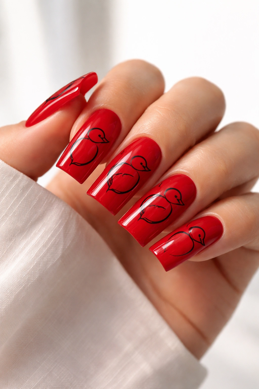 Minimalist duck nails on a red base with thin black line art