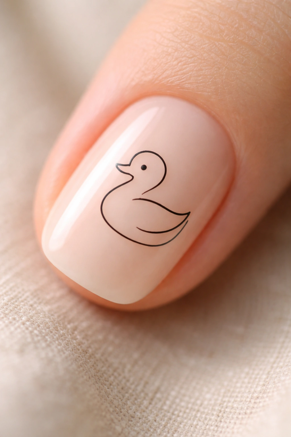 Close-up of minimalist duck outline nail art on a pastel manicure