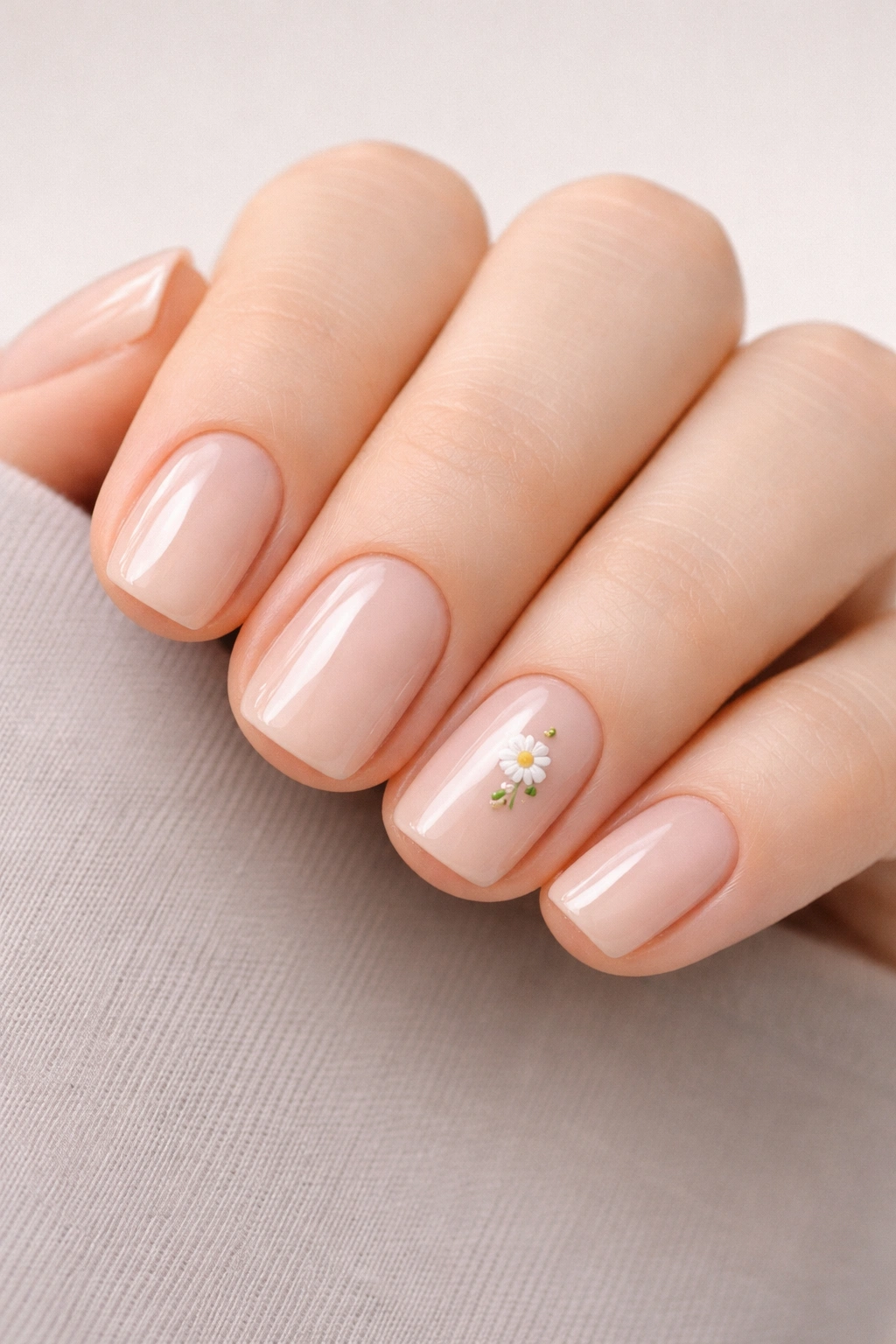 Nude nails with a single small floral accent on one nail.