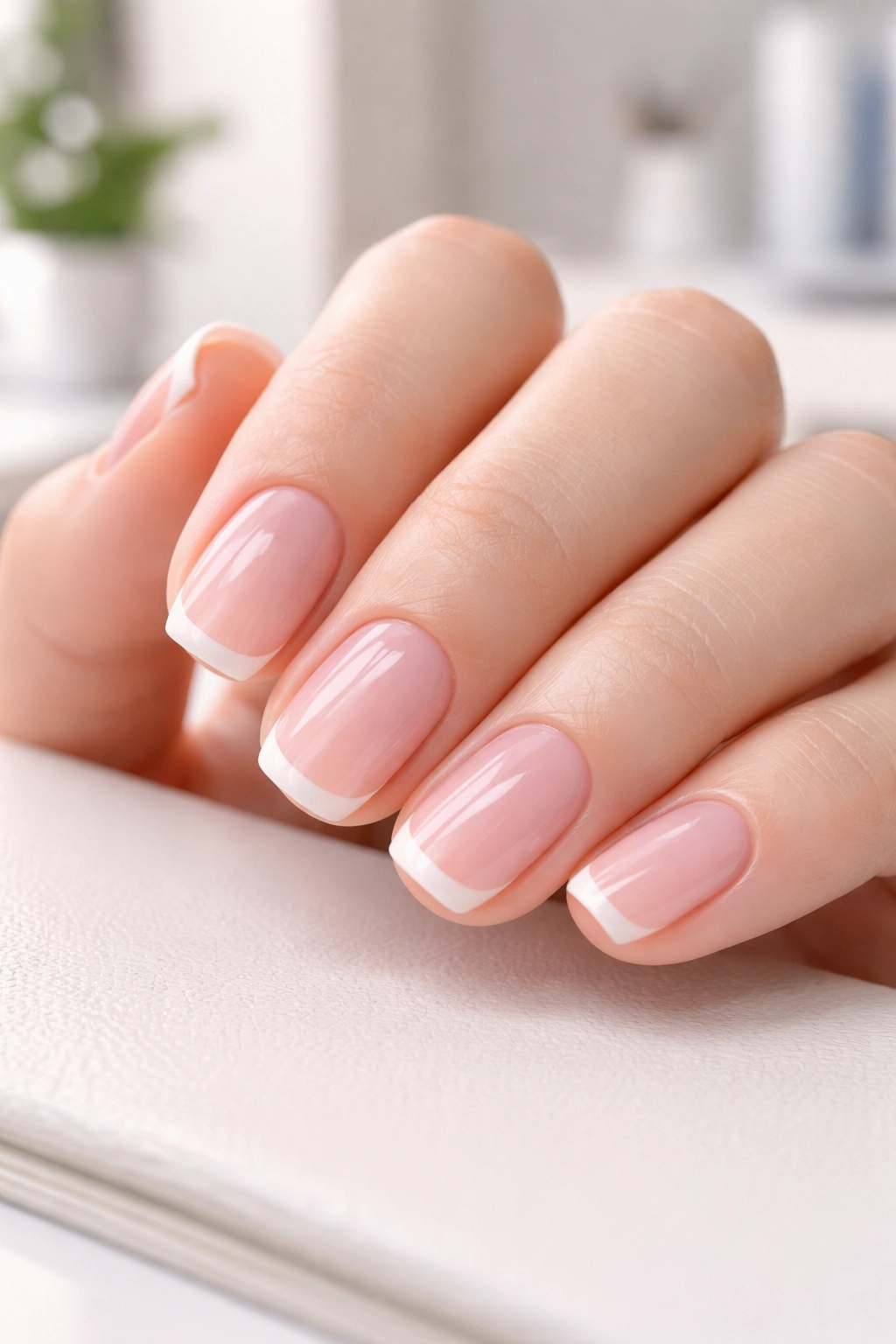 Close-up of short nails with a translucent pink base and a hair-thin white tip for a modern professional look