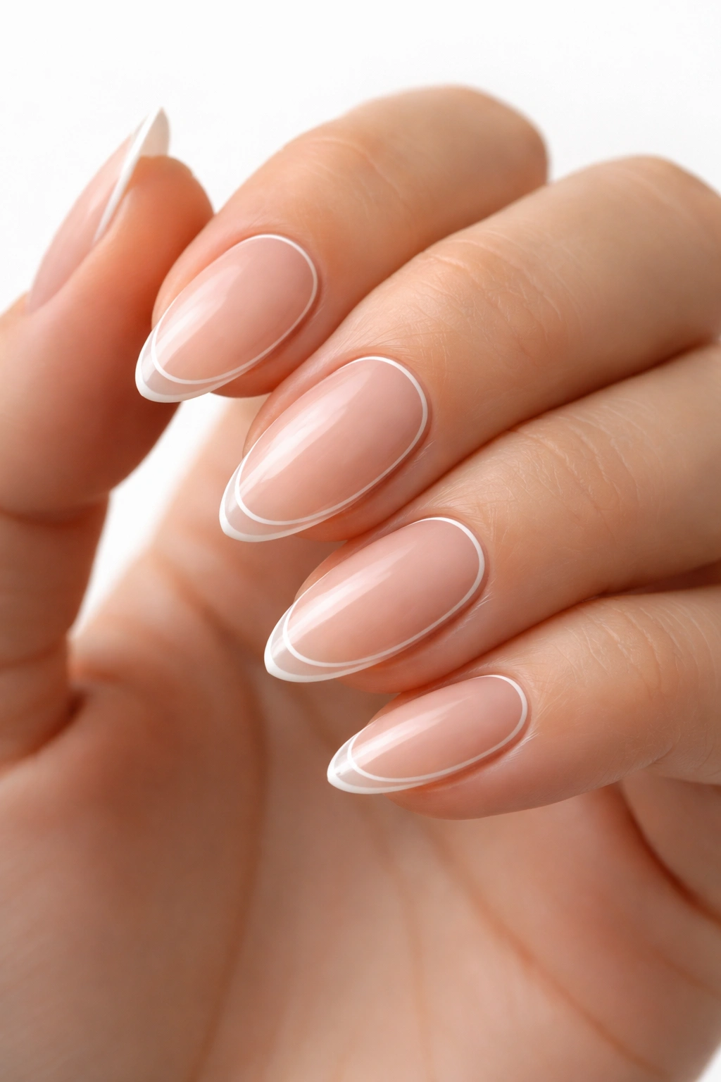 Close-up of short almond nails with a delicate white outline French tip on a clean background
