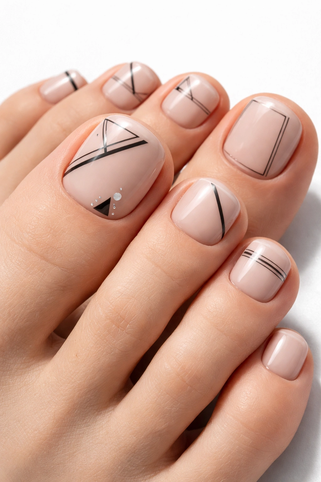 Close-up of minimalist geometric toenails with thin lines on an accent toe