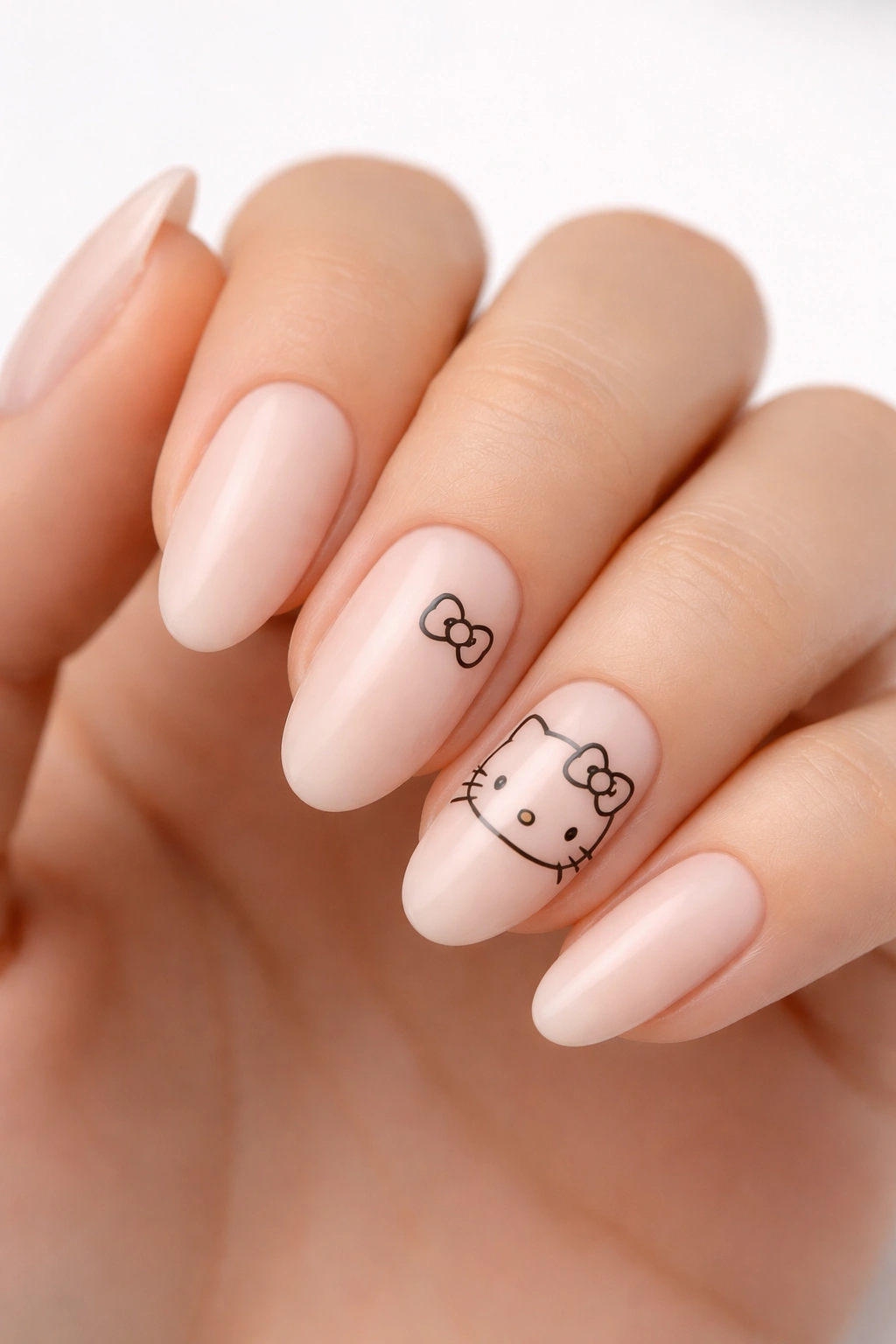 Nude nails with minimalist Hello Kitty silhouette on accent nails.