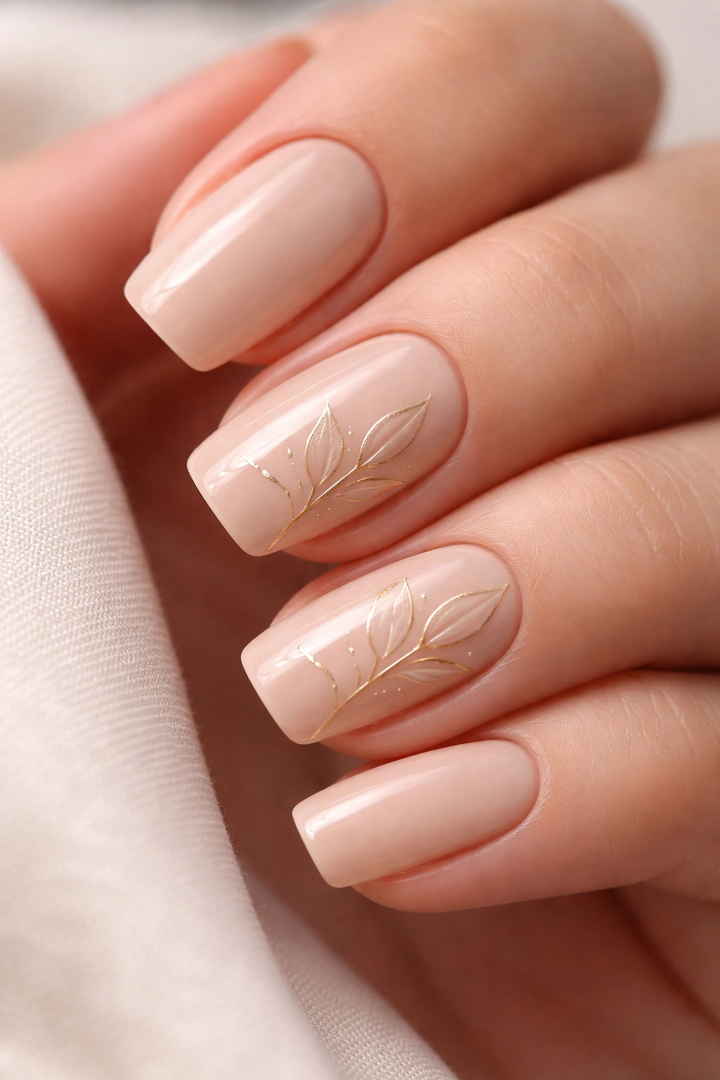 Close-up of minimalist leaf accents on nails with gold outlines