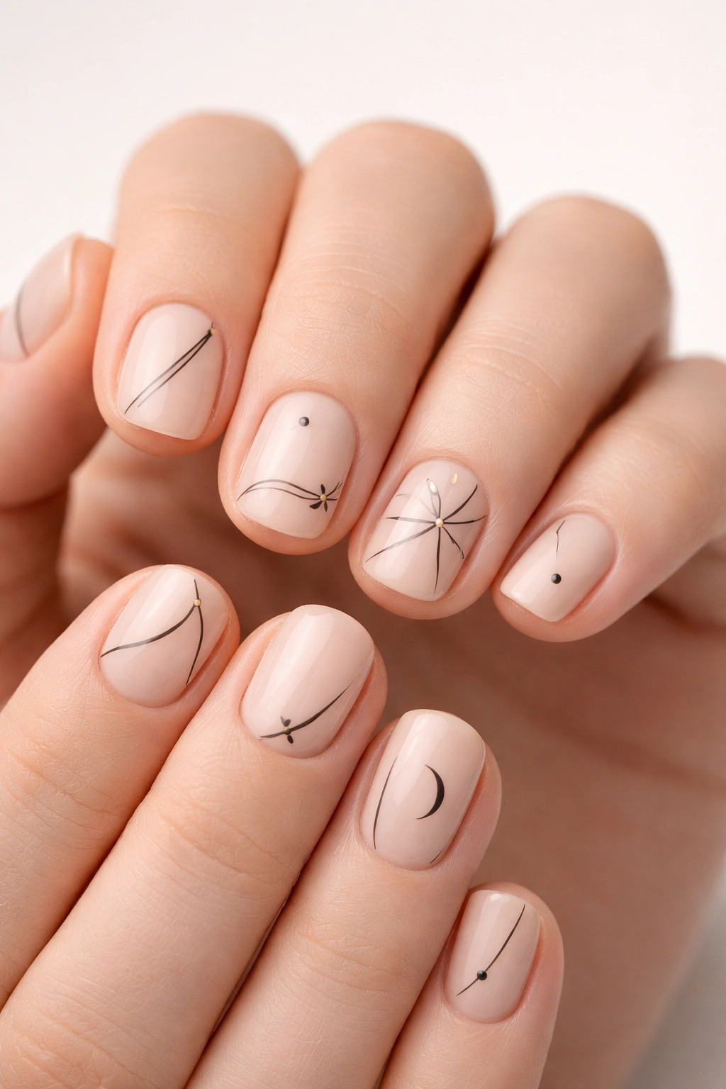 Close-up of short nails with minimalist line art and geometric patterns.