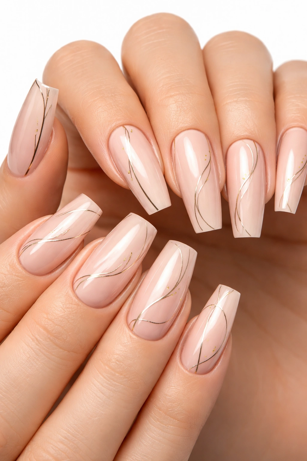 Close-up of coffin nails with minimalist line art on a nude base